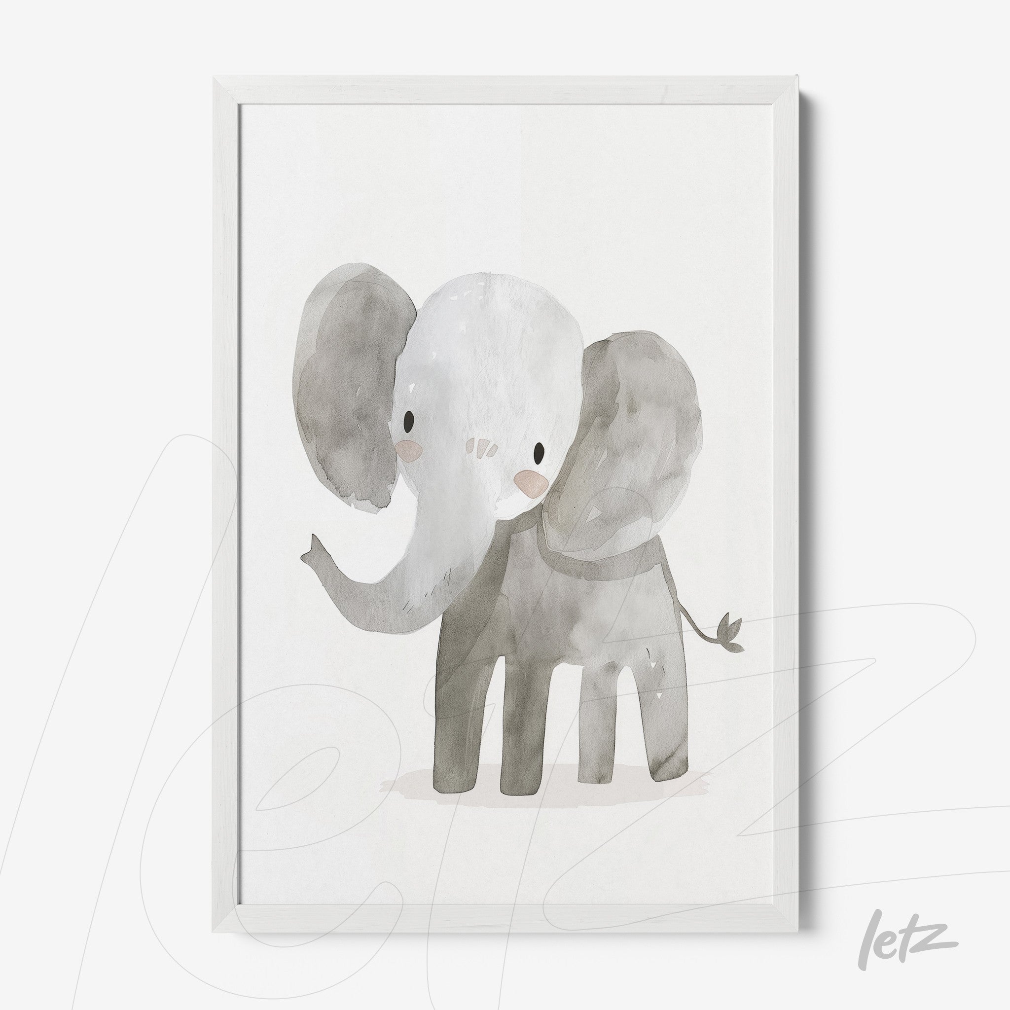 quadro com ilustração de elefante em aquarela com moldura branca