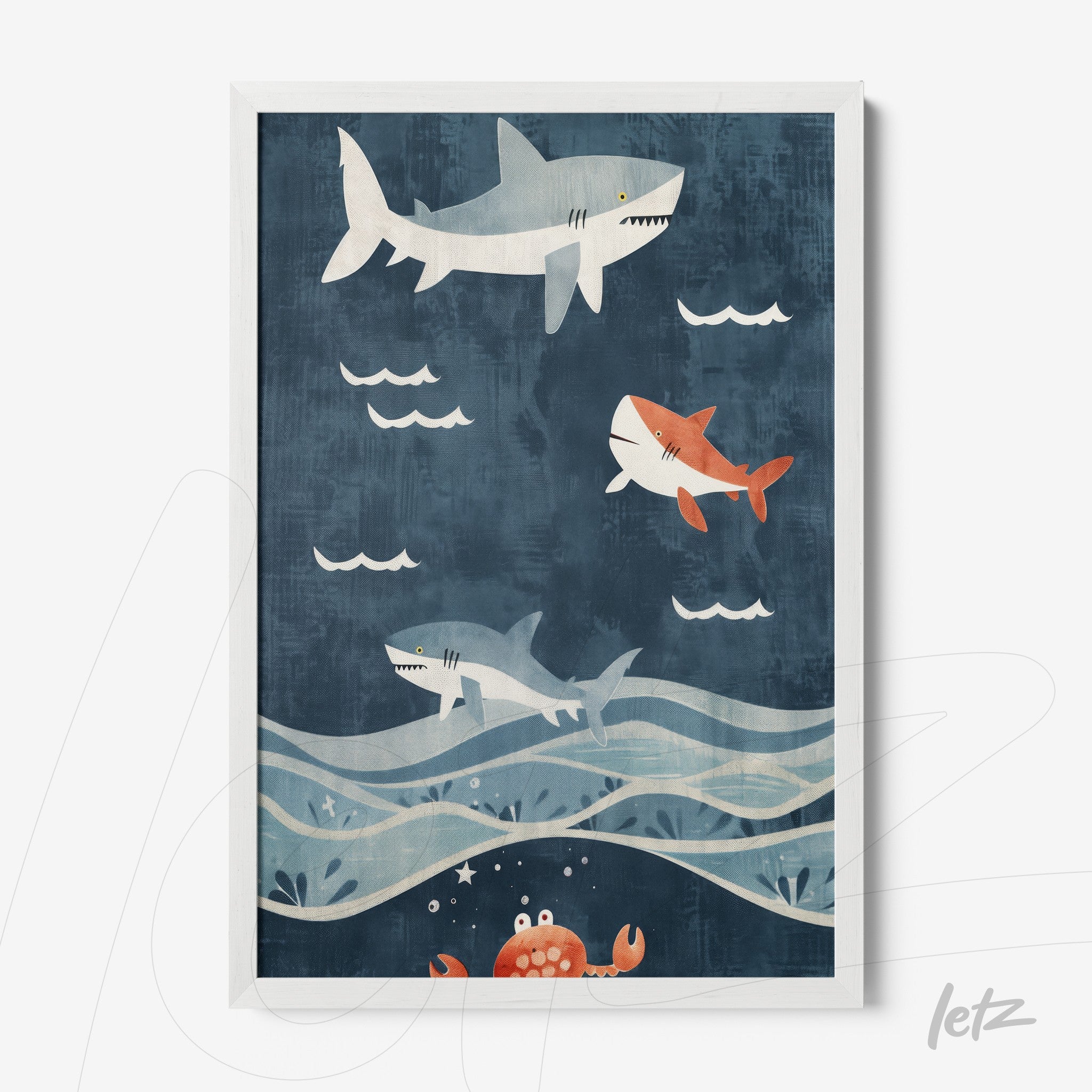 quadro com ilustração divertida de tubarões nadando em um fundo azul, com moldura branca