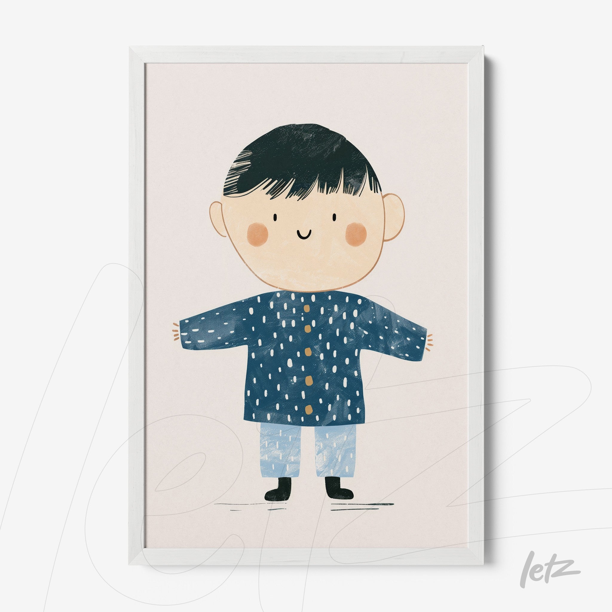 quadro com ilustração infantil de menino sorridente vestindo casaco azul e calça clara, moldura branca