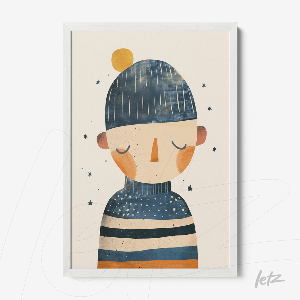 quadro com ilustração colorida de uma figura com gorro, detalhes em azul e laranja, moldura branca