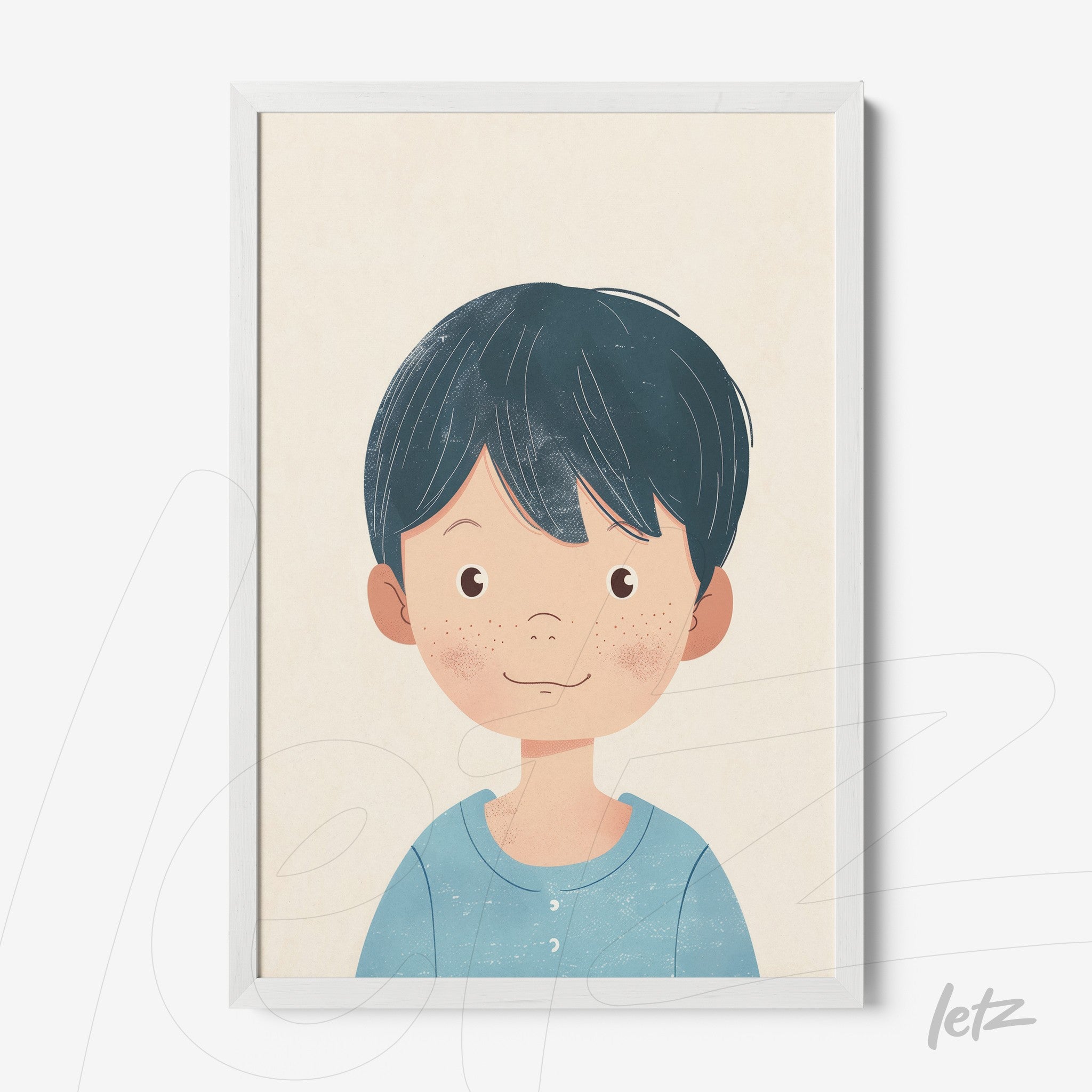 quadro com ilustração de menino sorridente com cabelo escuro e lisa em moldura branca