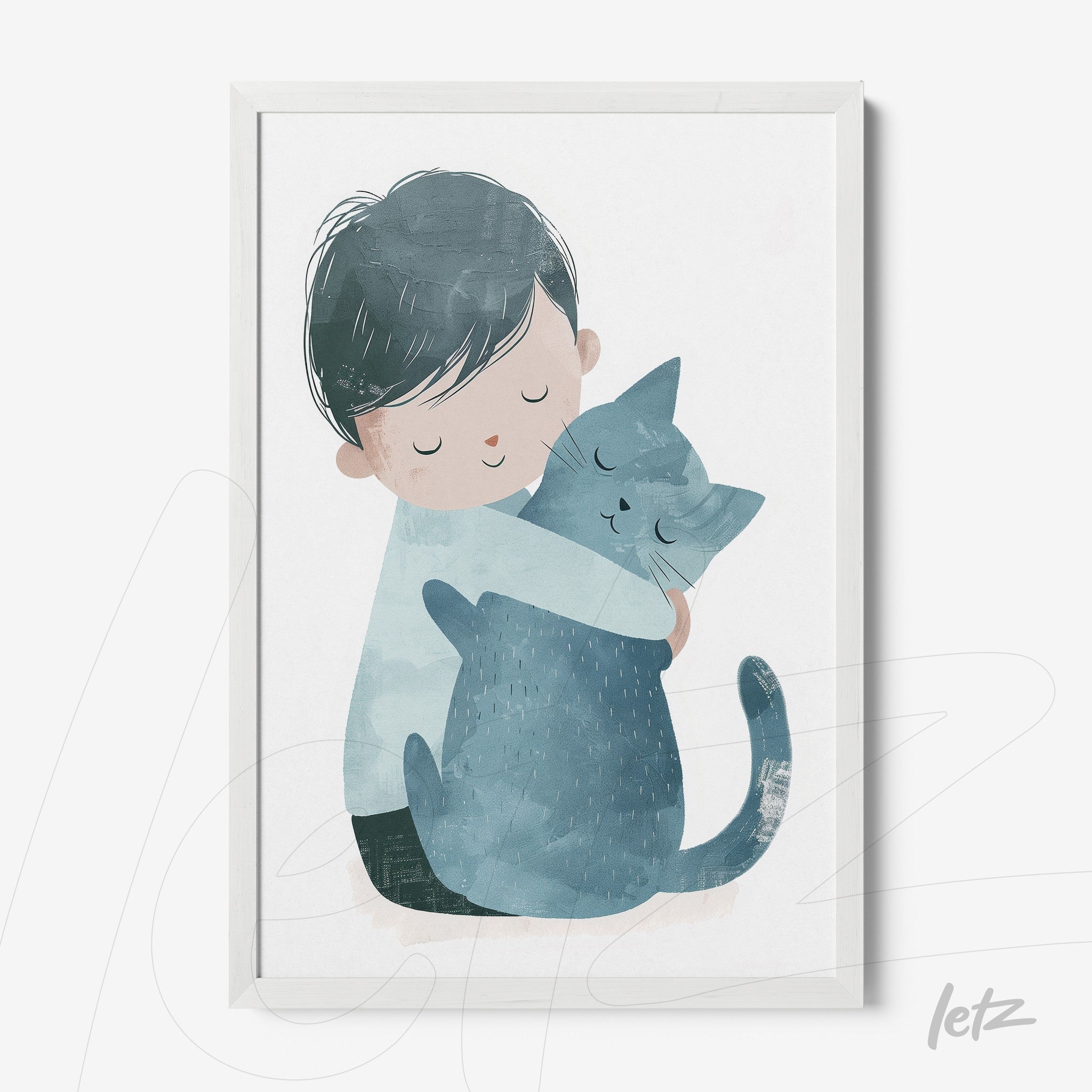quadro com ilustração de menino abraçando um gato cinza, moldura branca fina
