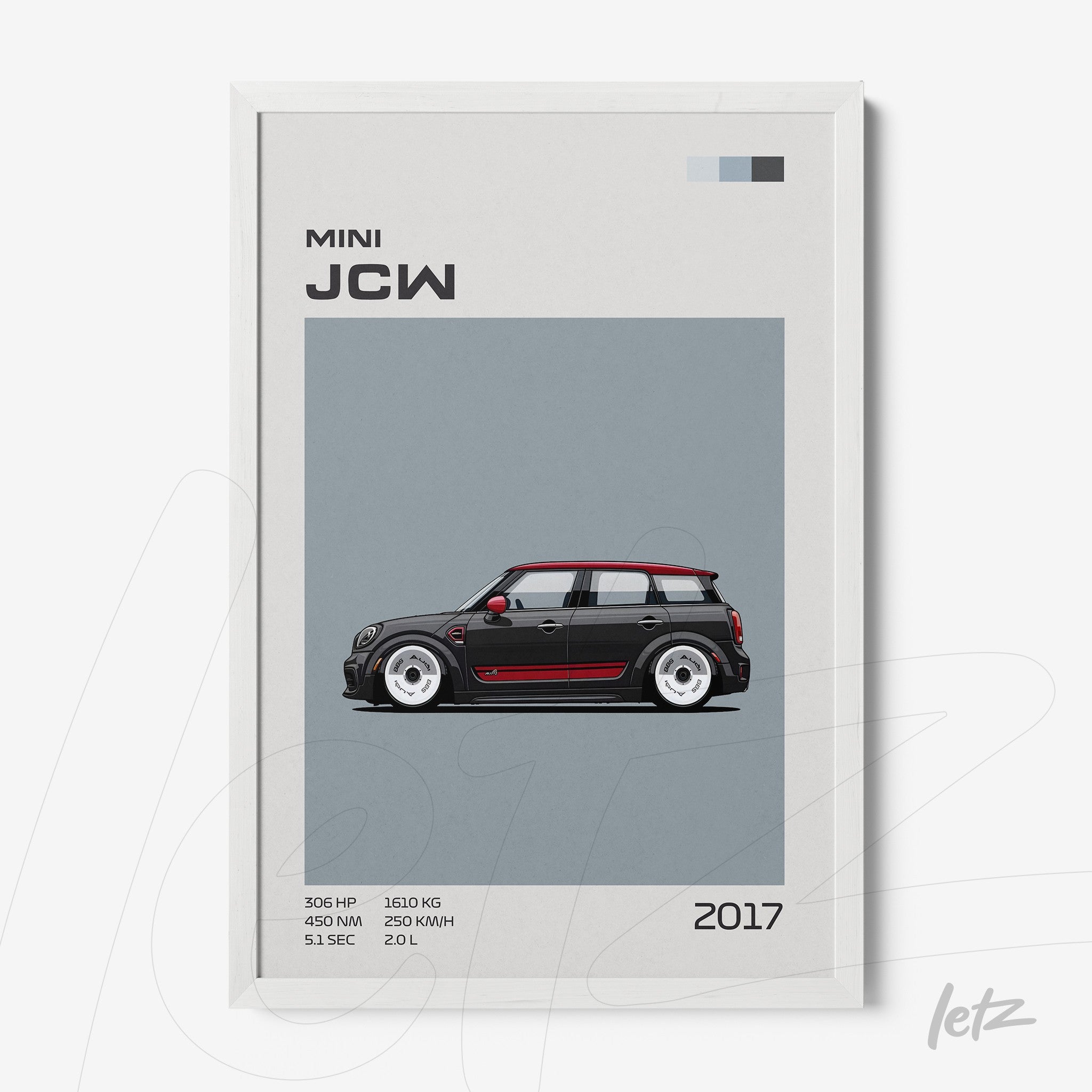 quadro com ilustração de carro esportivo Mini JCW 2017 em moldura branca