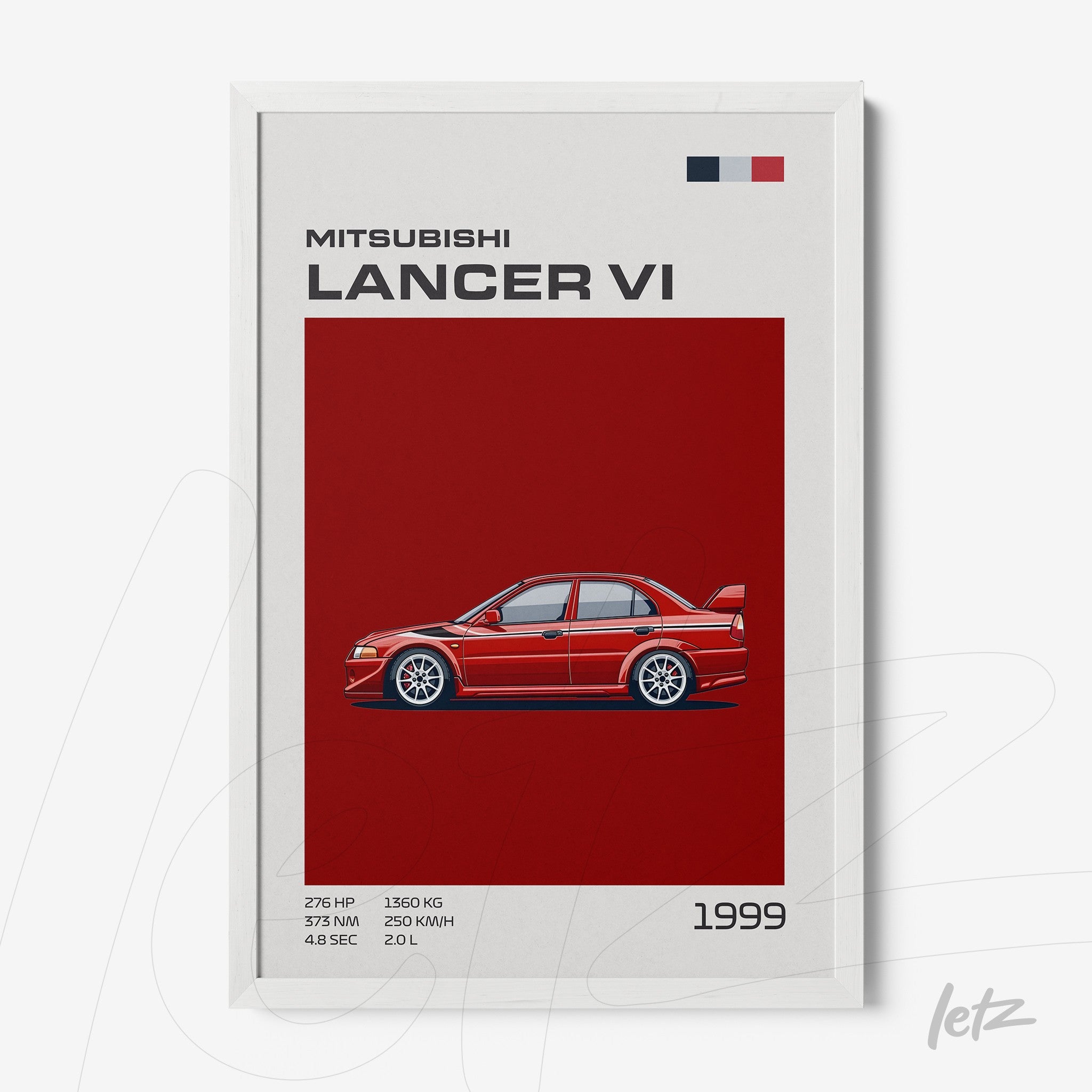 quadro com ilustração do carro Mitsubishi Lancer VI em fundo vermelho e moldura branca