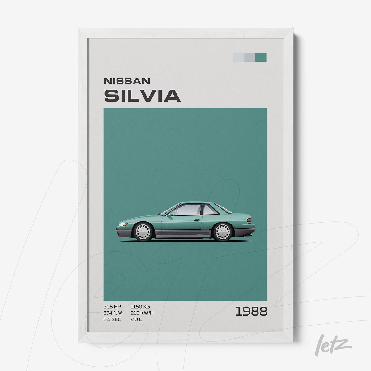 quadro emoldurado do carro Nissan Silvia de 1988 com fundo verde claro e detalhes gráficos em estilo minimalista