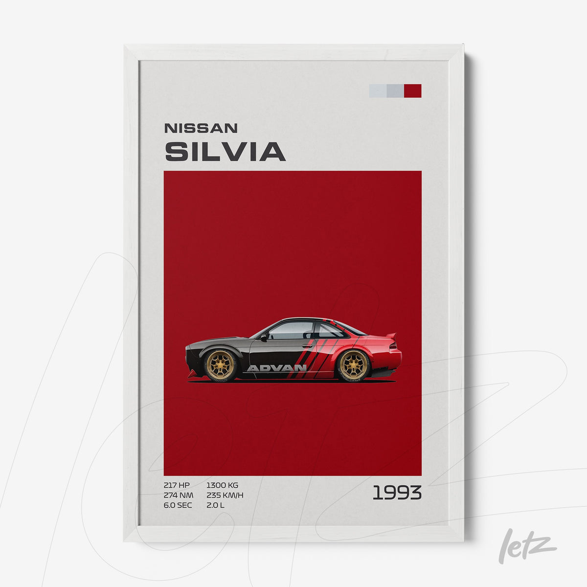 quadro com arte retro de um carro Nissan Silvia 1993 em moldura branca, fundo vermelho com detalhes gráficos