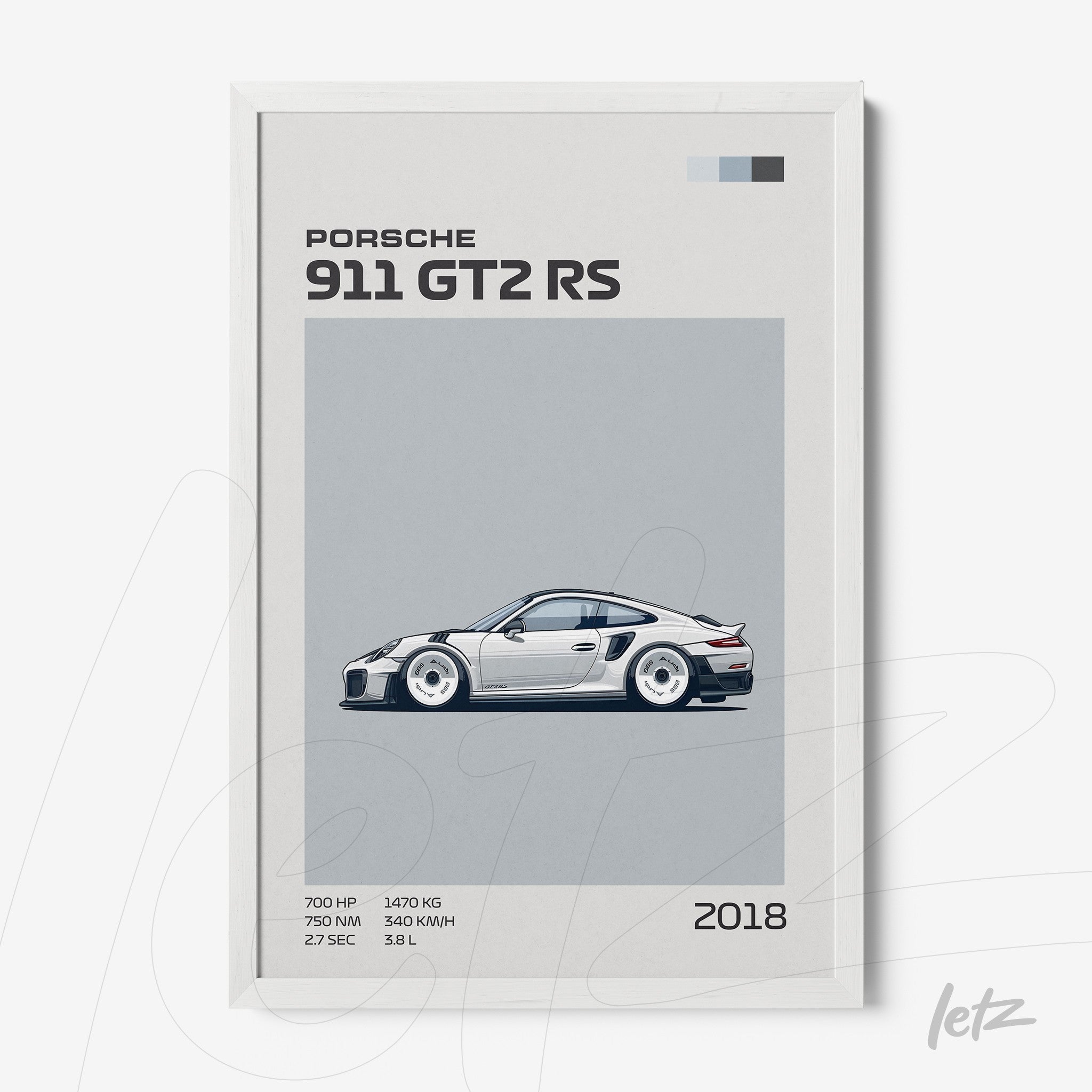quadro com ilustração do Porsche 911 GT2 RS em moldura branca com fundo cinza