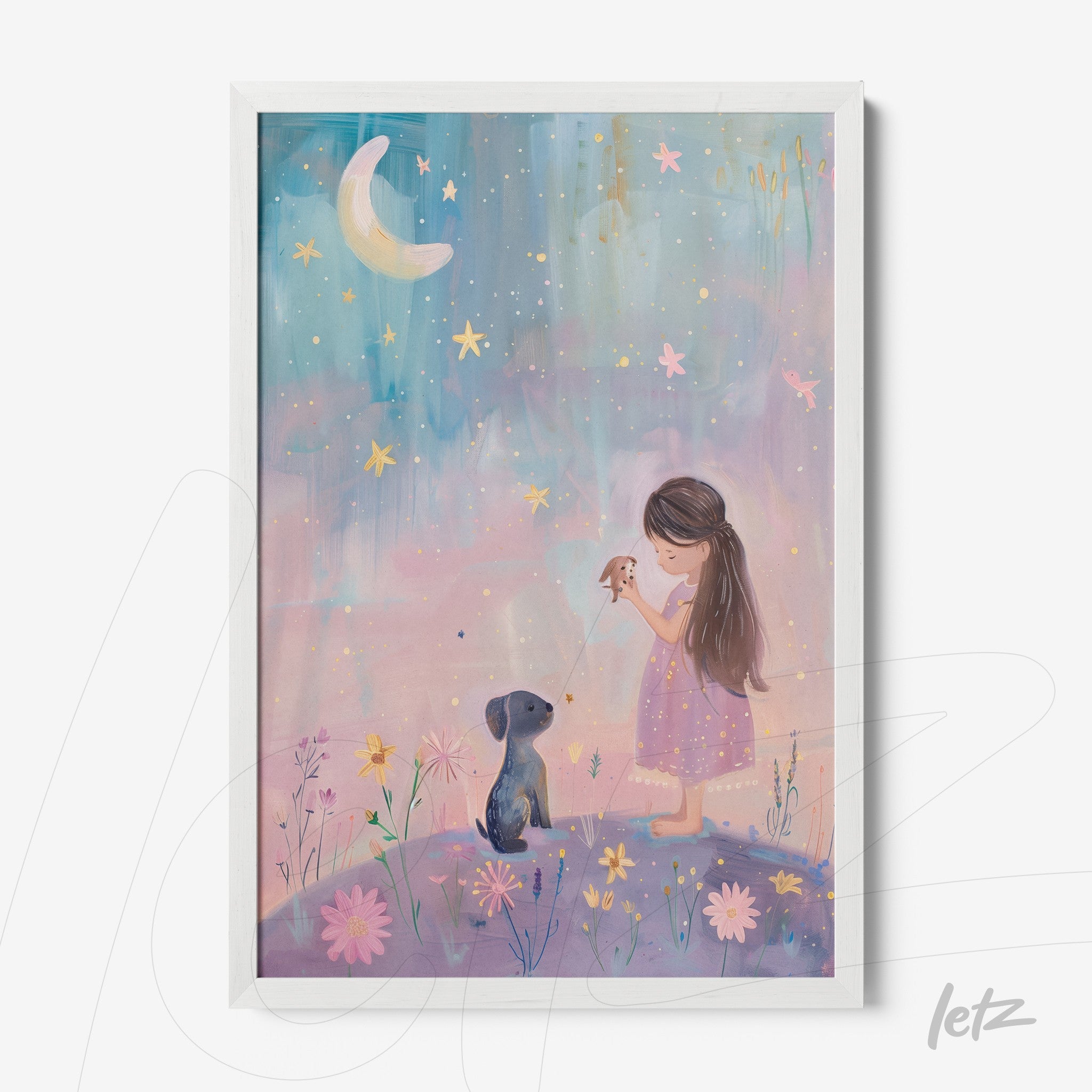 quadro com ilustração suave de menina segurando um passarinho ao lado de um cachorro sob um céu estrelado com lua crescente, em moldura branca