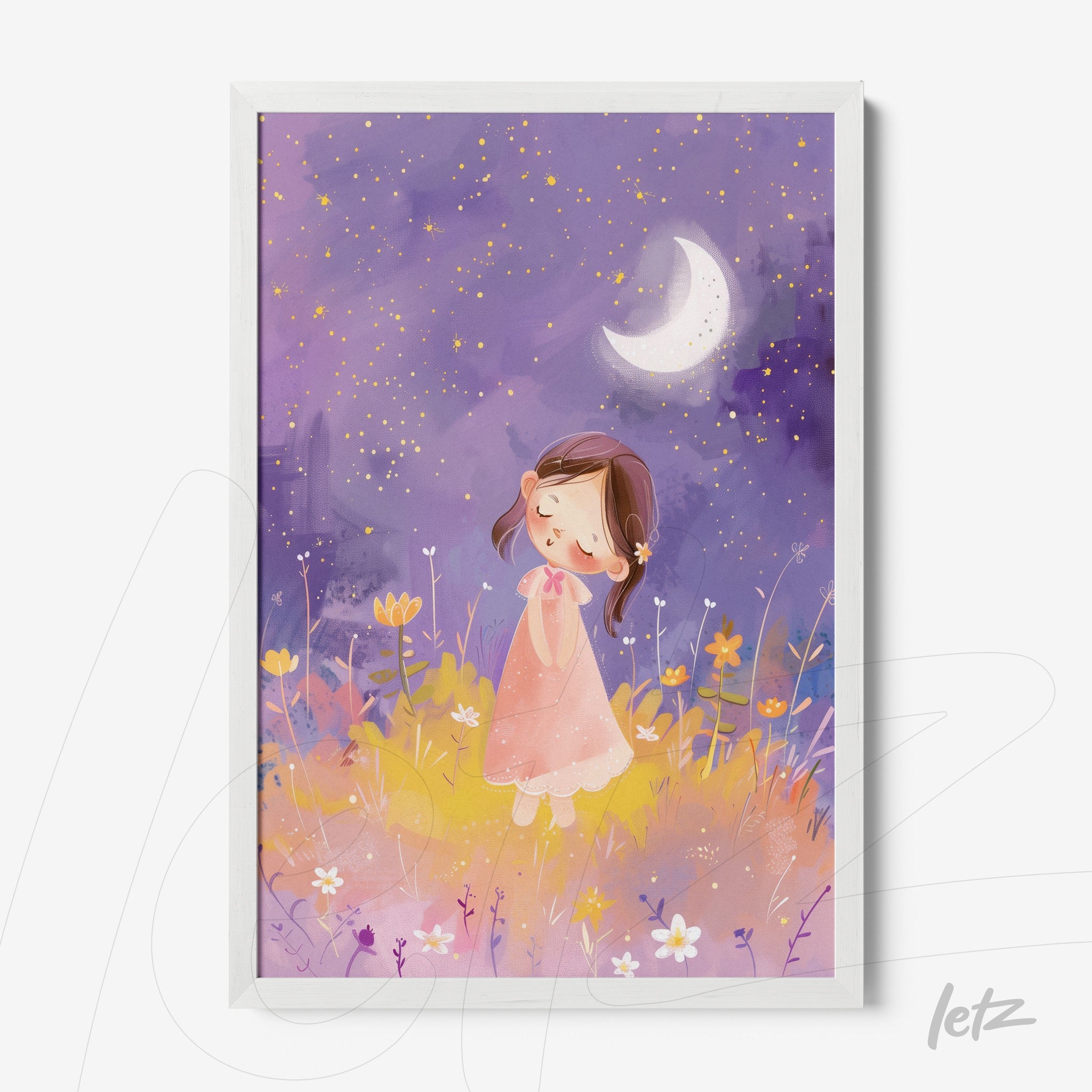 quadro com ilustração fofa de menina em vestido rosa sob céu estrelado com lua crescente, moldura branca