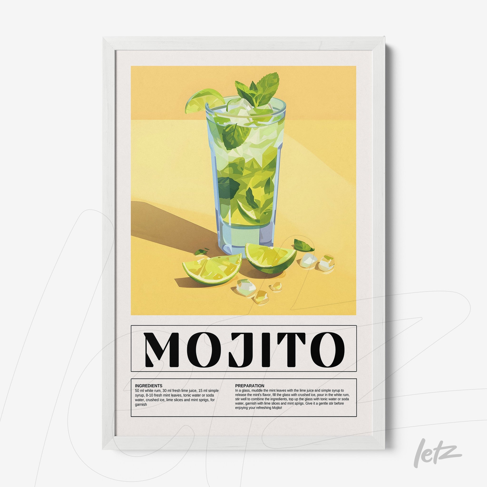 quadro com arte digital do drink mojito em moldura branca