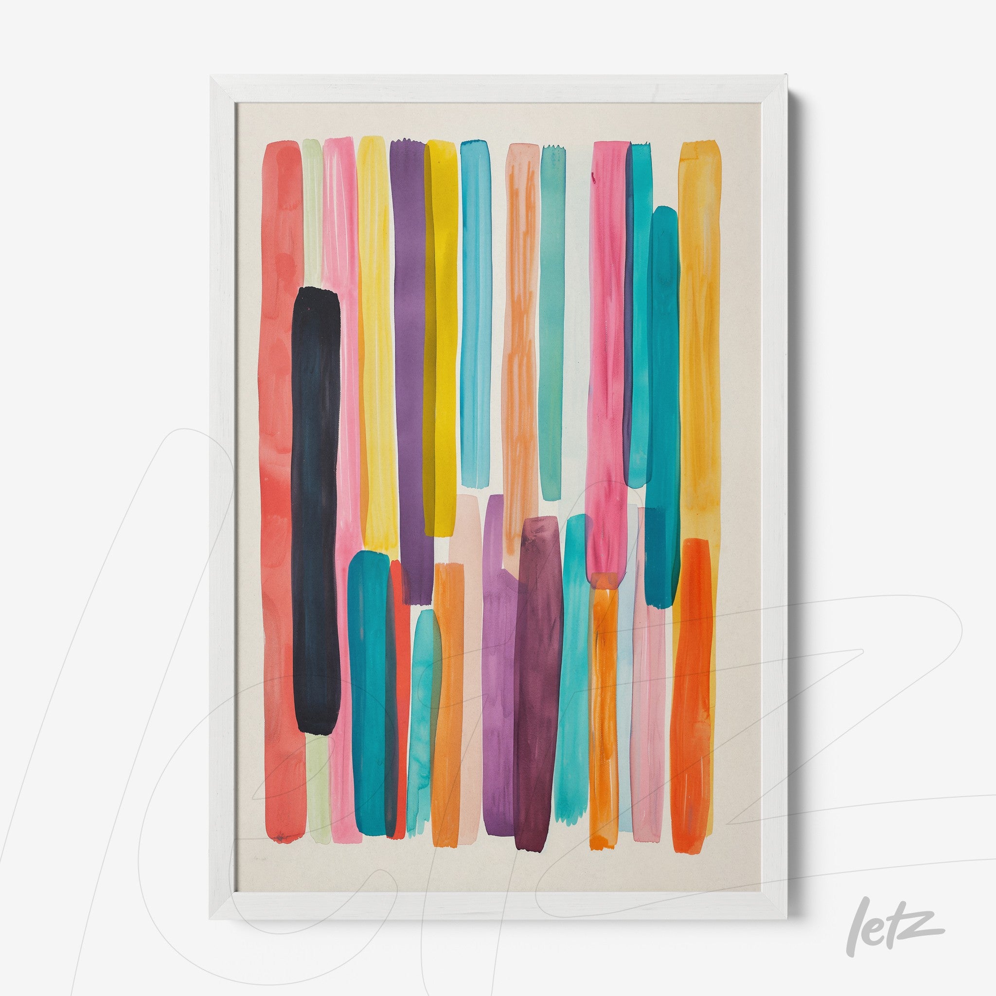 quadro com arte abstrata em cores vivas, como azul, rosa e laranja, em moldura branca