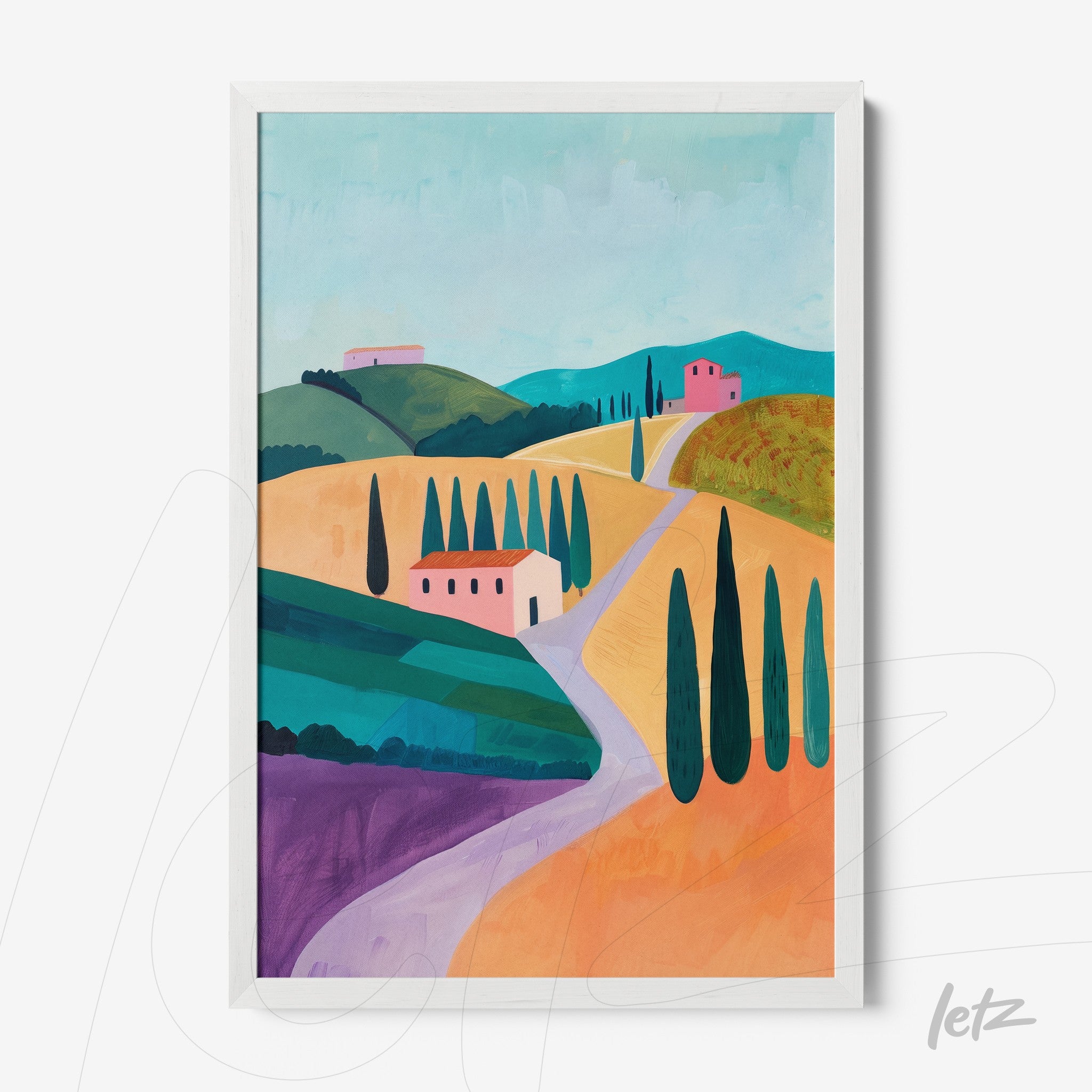quadro com paisagem estilizada de colinas e vinhedos, apresentando casas rosas em meio a pinheiros verdes, moldura branca
