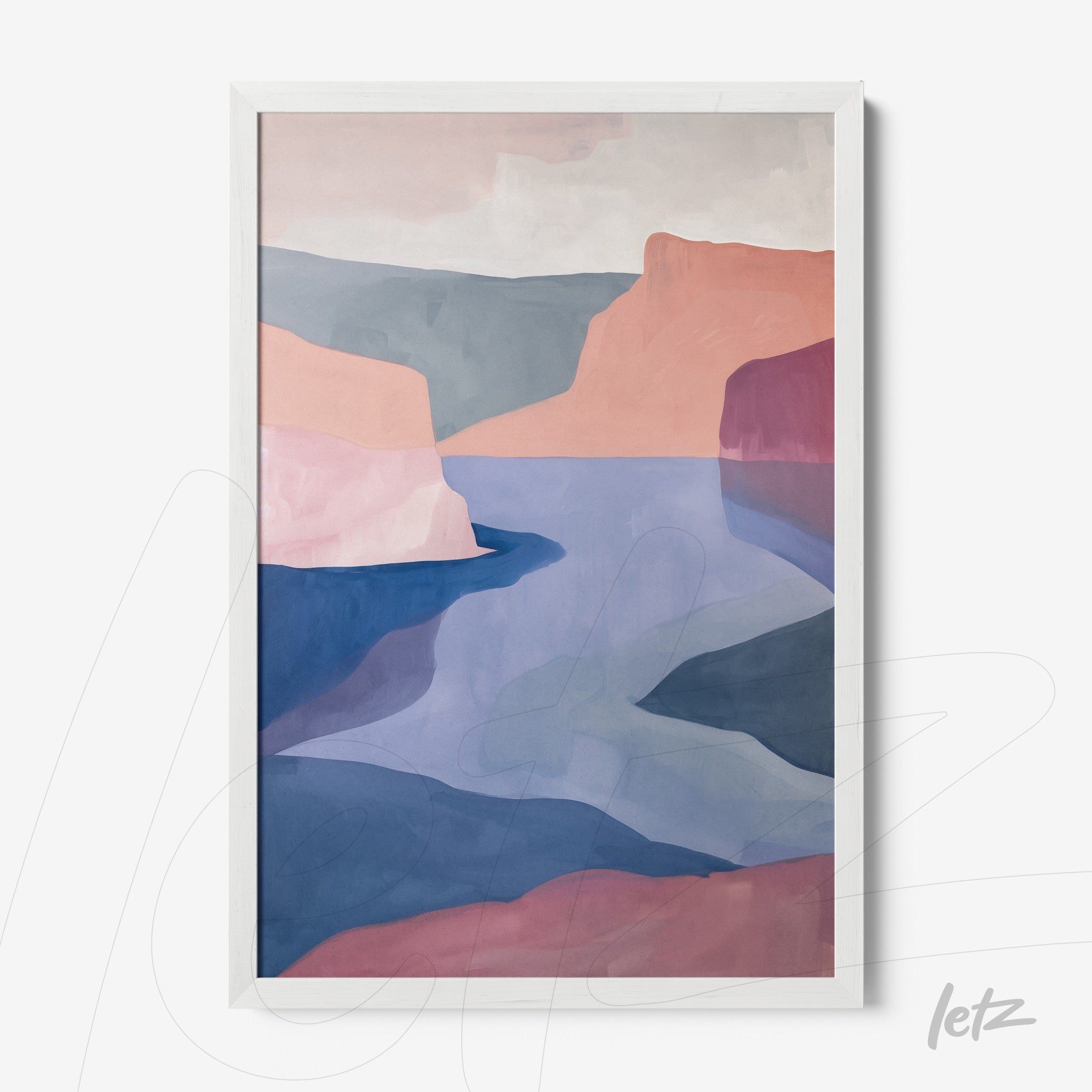 quadro com arte abstrata em tons pastel representando um cenário de montanhas e rio com moldura branca