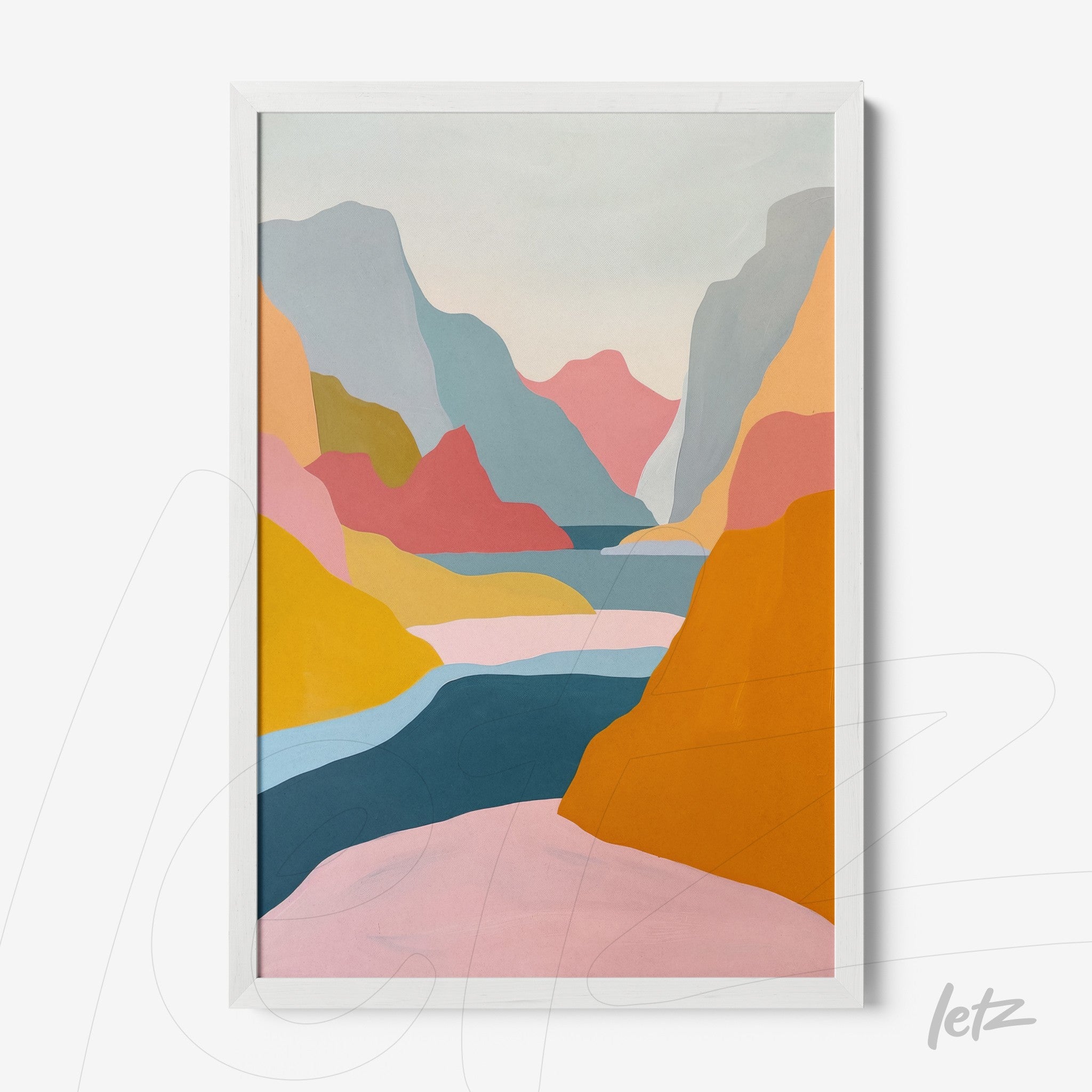quadro com arte abstrata em tons pastéis representando uma paisagem montanhosa, moldura branca