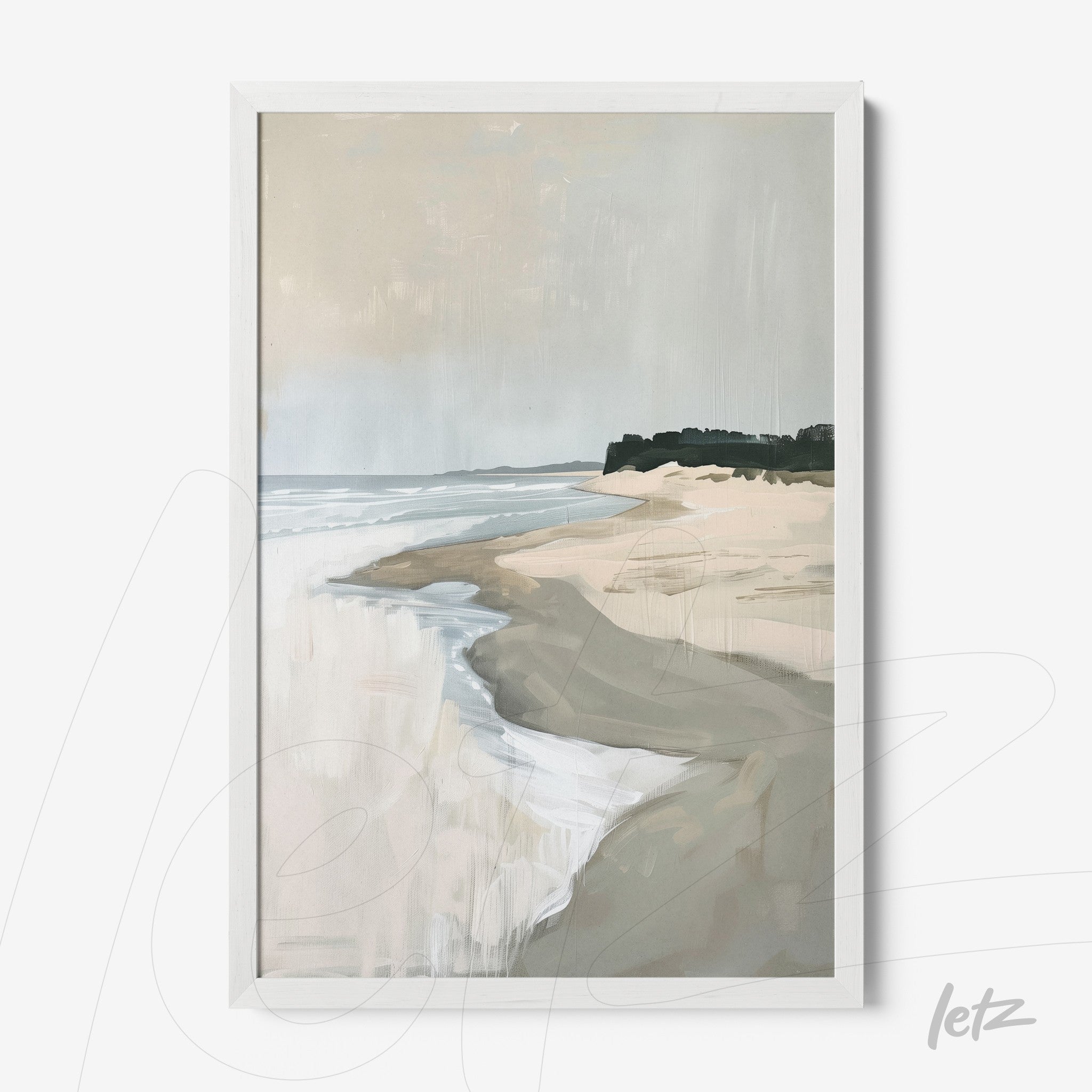 quadro com paisagem de praia em tons suaves, moldura branca e fundo cinza claro