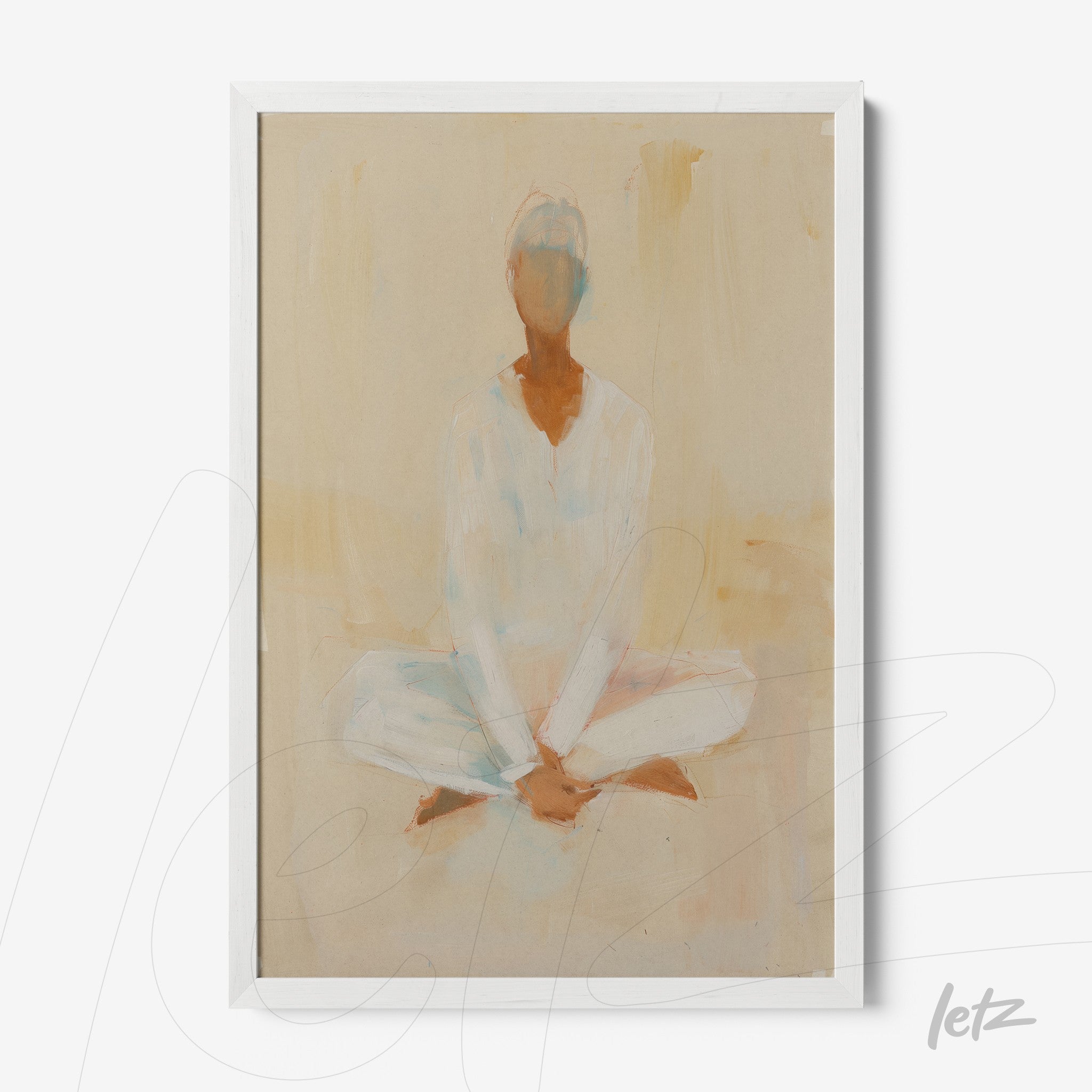 quadro com arte abstrata de figura meditativa sentada em tons claros, moldura branca