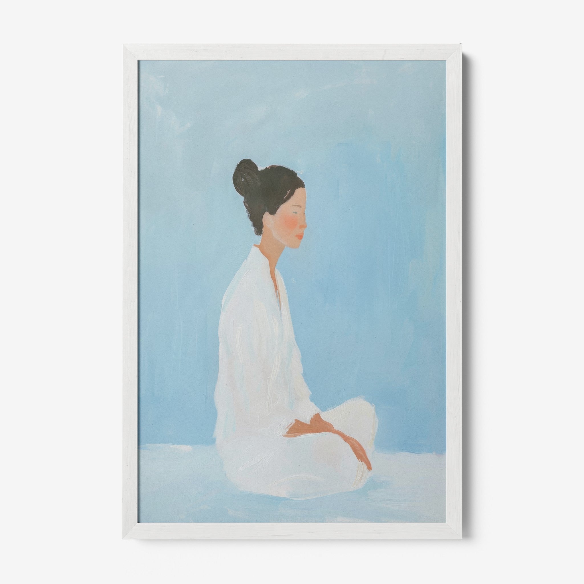 quadro com arte retratando mulher meditando em fundo azul, moldura branca