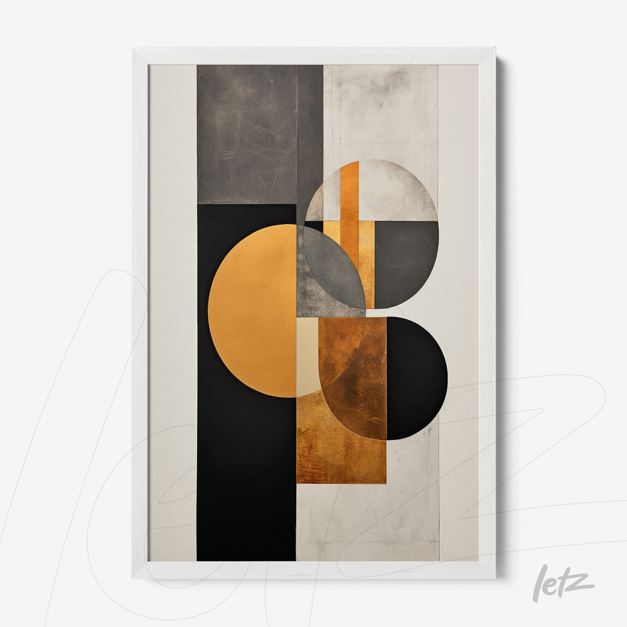 quadro com arte abstrata em tons de preto, dourado e cinza, com formas geométricas circulares e retangulares em moldura branca
