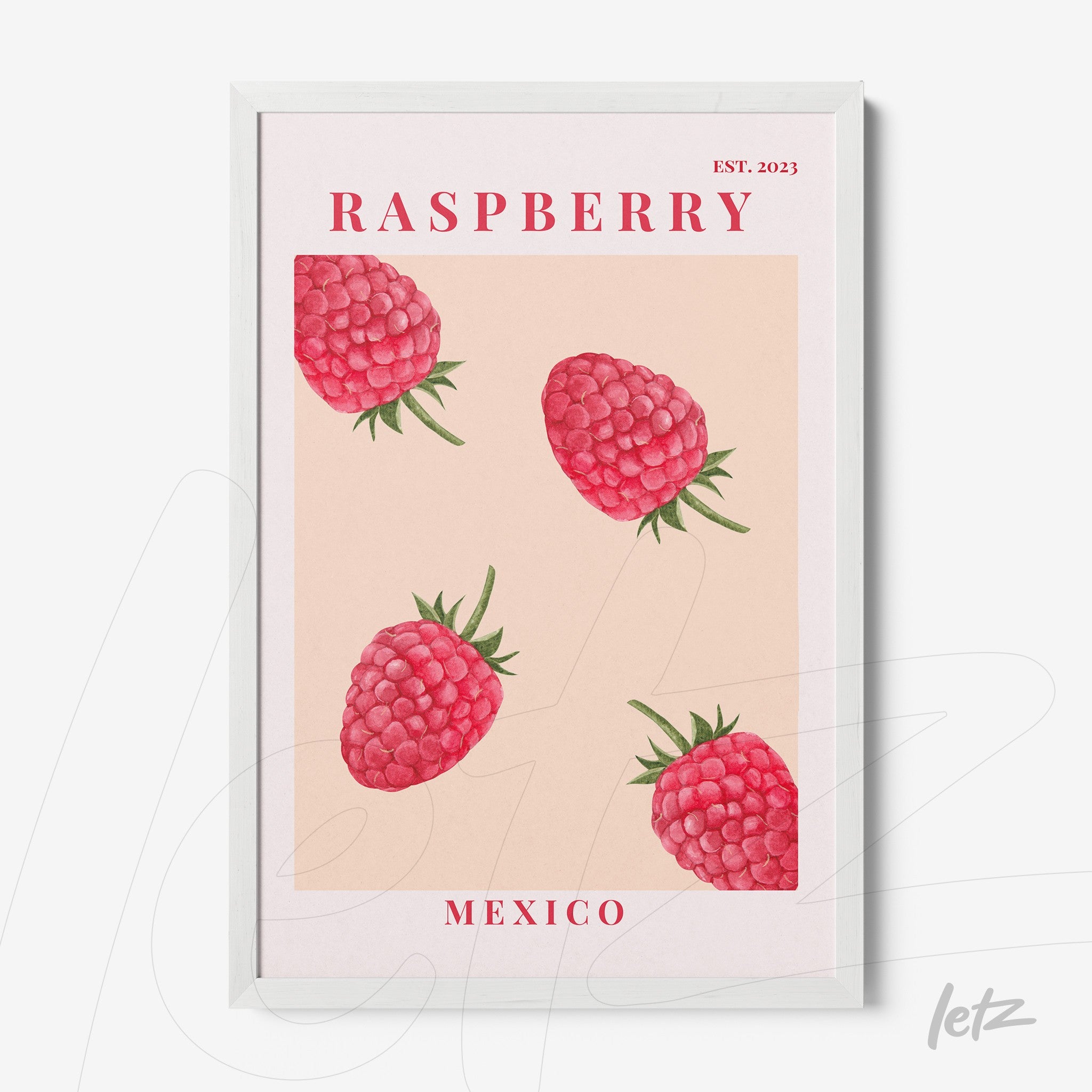 quadro com arte de framboesas em fundo rosa e moldura branca