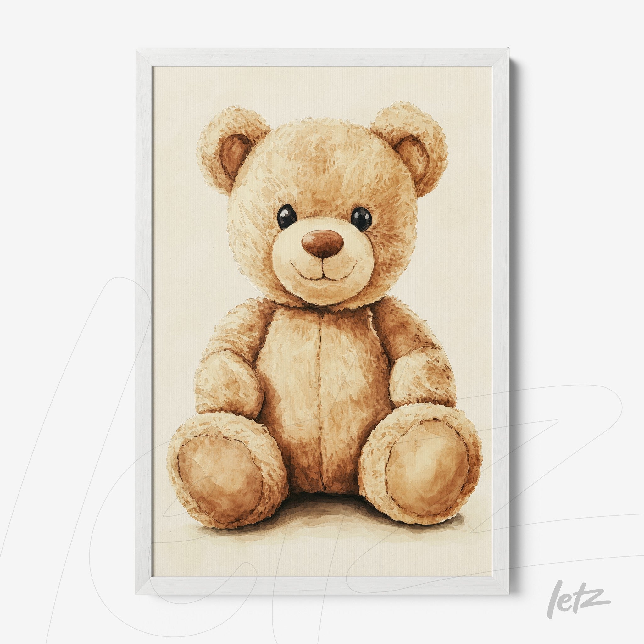 quadro com ilustração de urso de pelúcia em moldura branca
