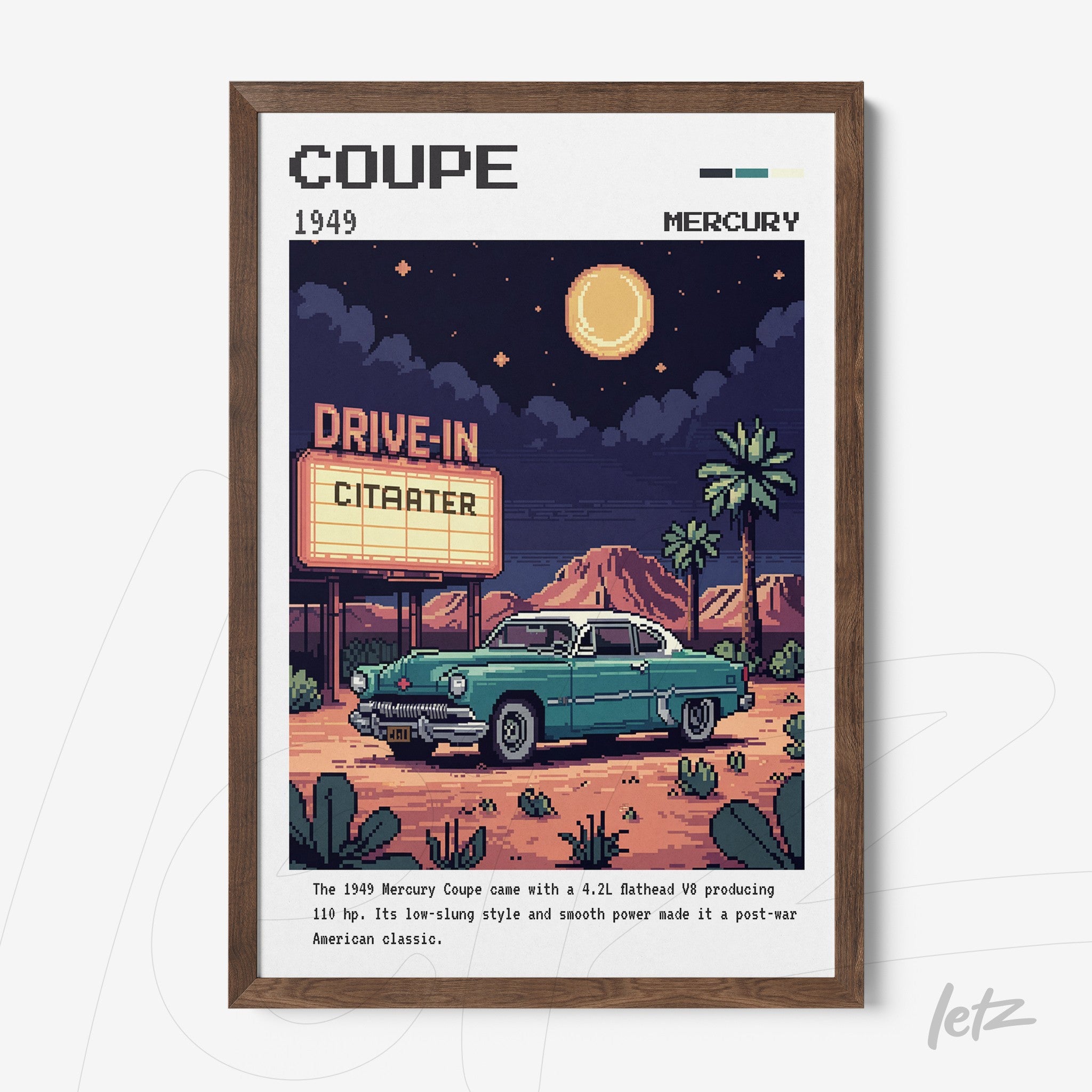 quadro com arte retrô de carro Mercury Coupe em uma cena de drive-in com moldura de madeira
