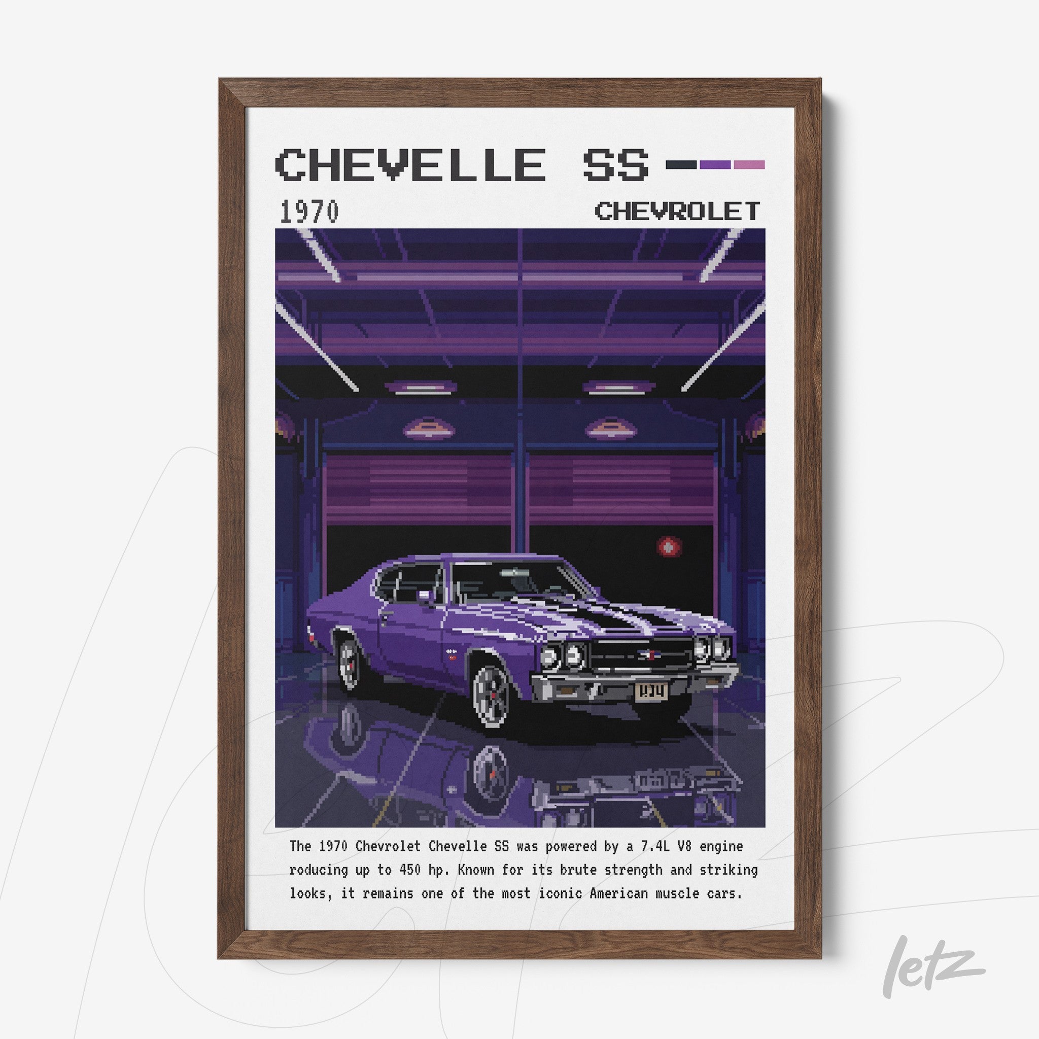 quadro com arte retrô de carro Chevelle SS 1970 em moldura de madeira escura