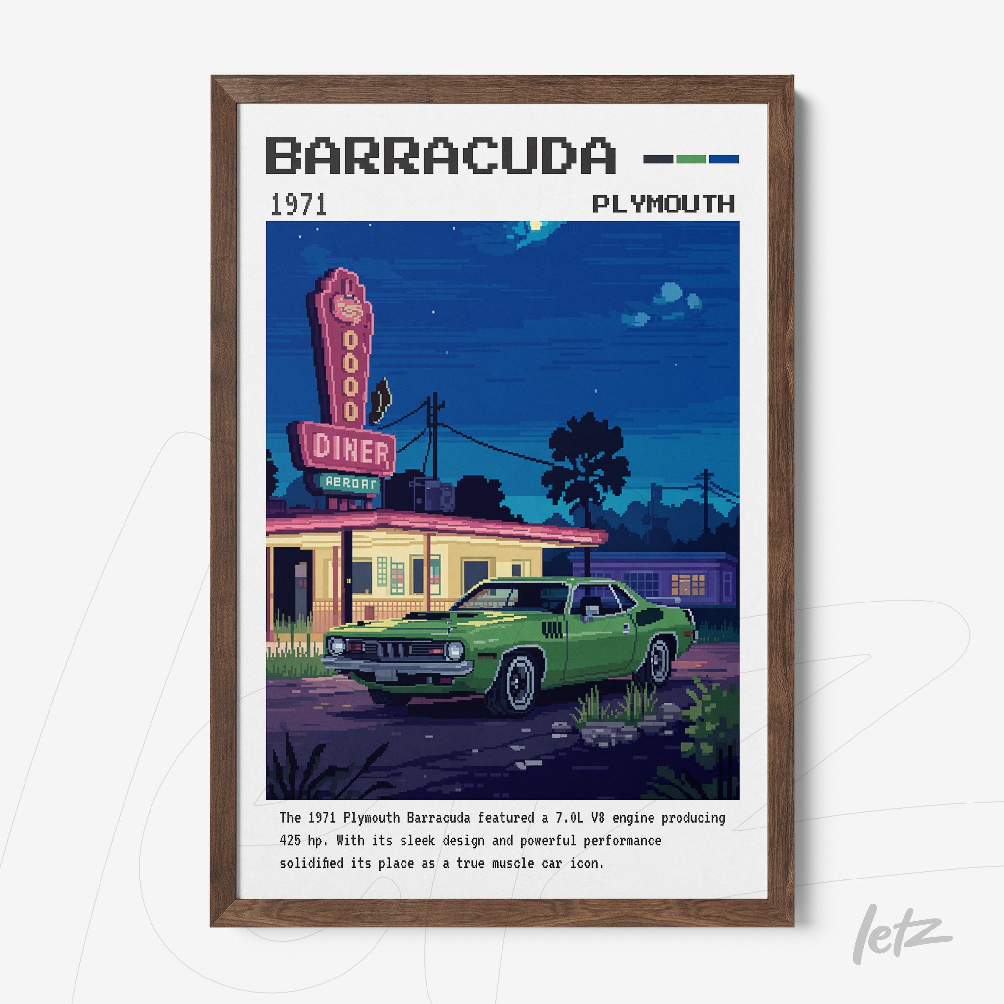 quadro com arte retrô de um carro Plymouth Barracuda em uma cena de diner, moldura marrom