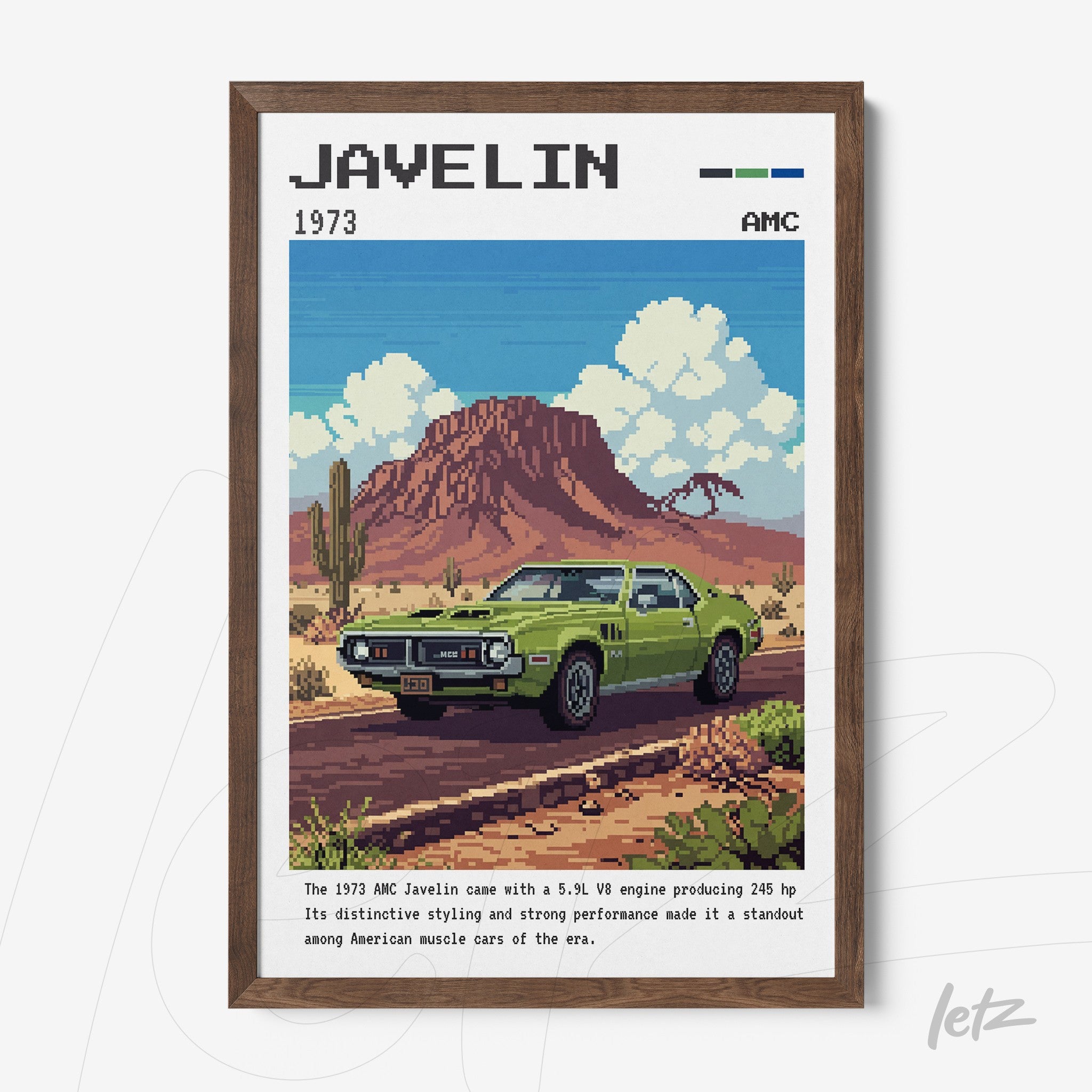 quadro com arte pixelada de um carro AMC Javelin verde em frente a uma montanha vermelha, moldura de madeira escura