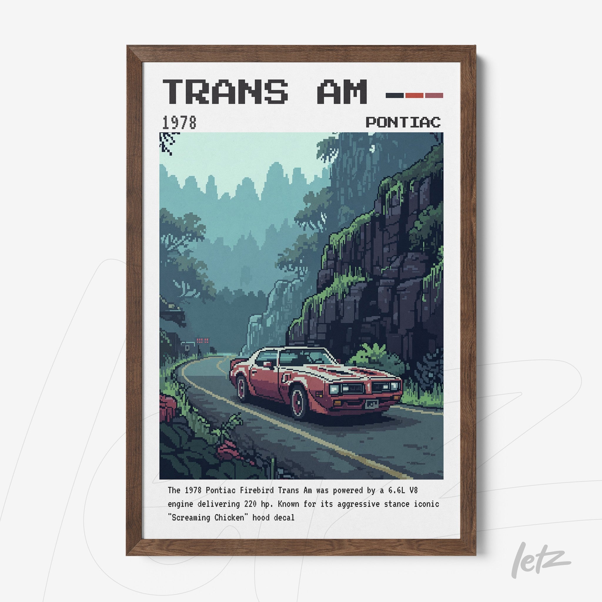 quadro com arte retro de um Pontiac Trans Am vermelho em uma estrada montanhosa, moldura de madeira escura