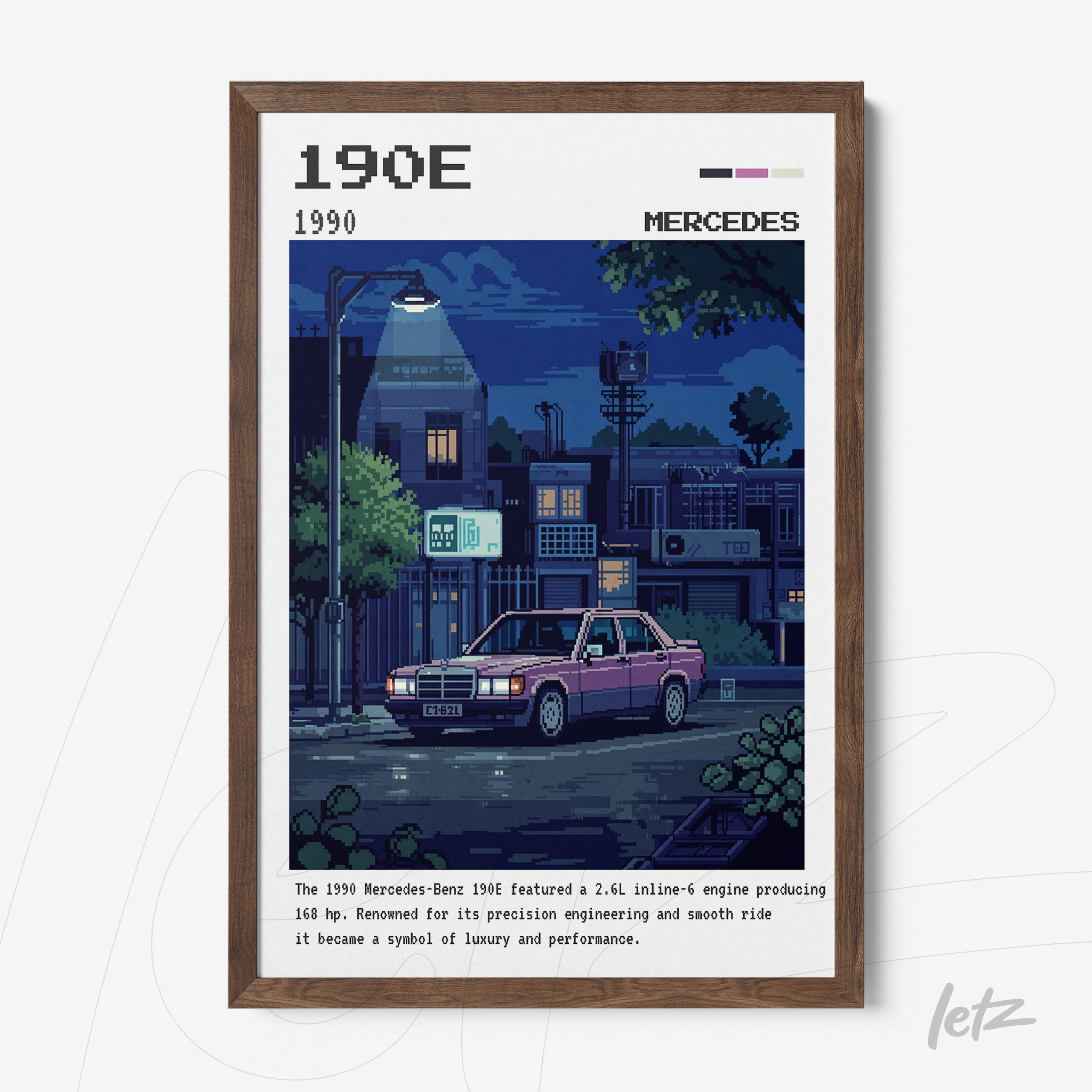 quadro com arte pixelada de um carro Mercedes-Benz 190E em uma rua noturna decorado com moldura de madeira escura