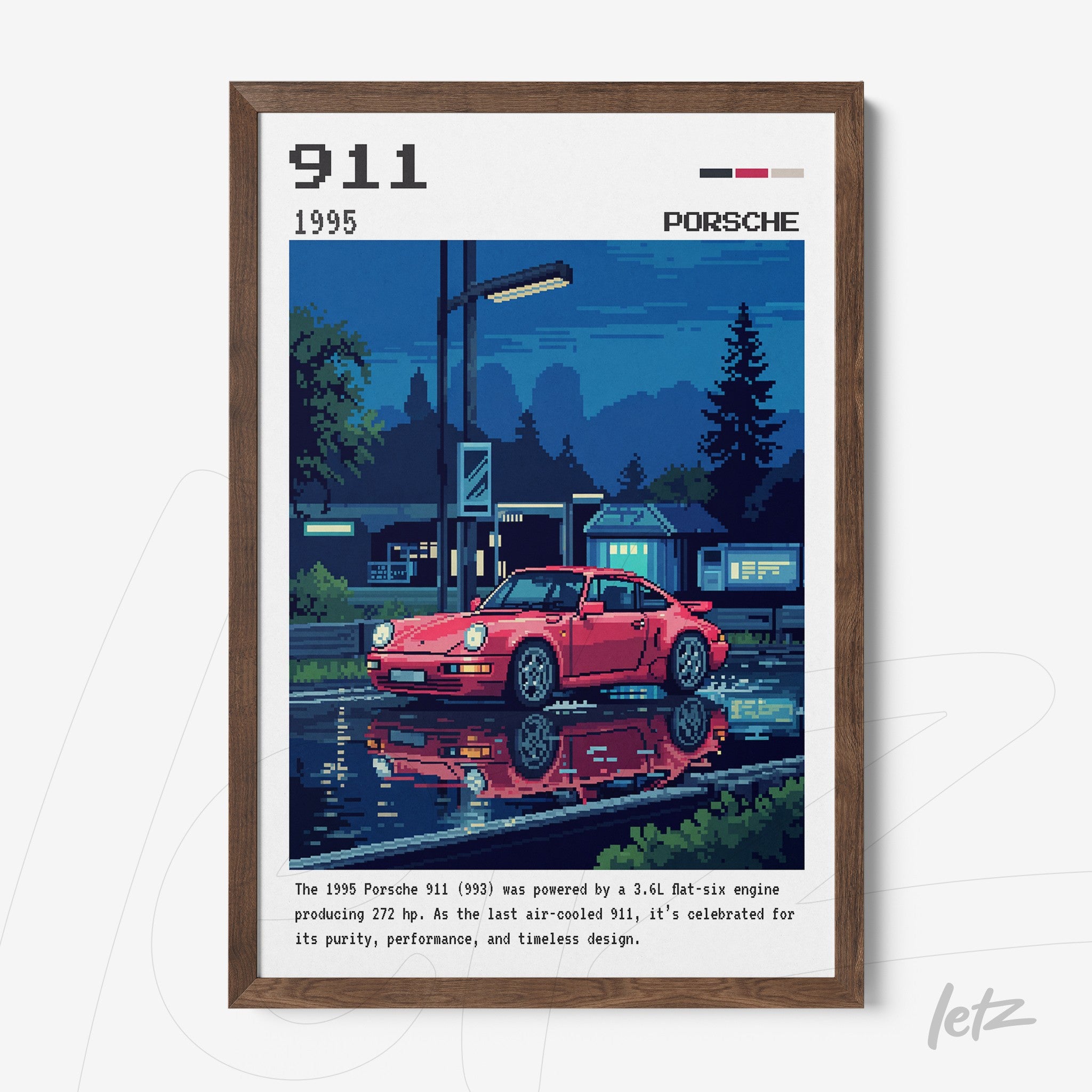quadro com arte digital de um Porsche 911 vermelho refletindo em uma poça d'água à noite, moldura de madeira escura