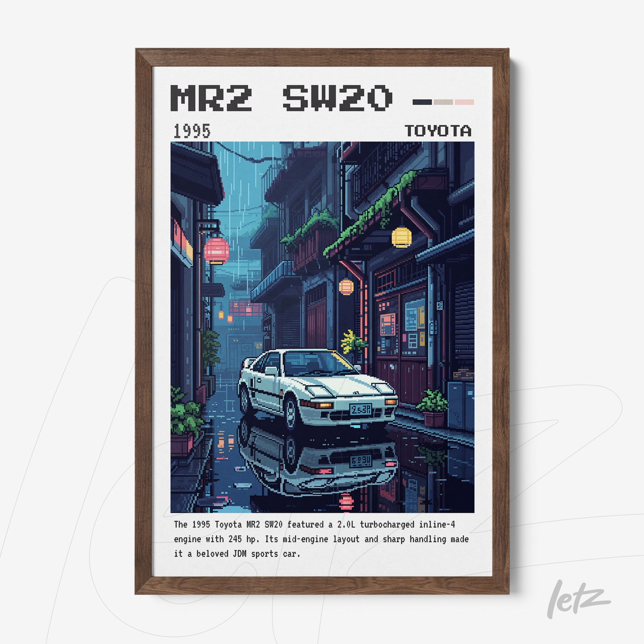 quadro com arte digital de carro esportivo Toyota MR2 SW20 em cenários urbanos chuvosos com moldura de madeira escura