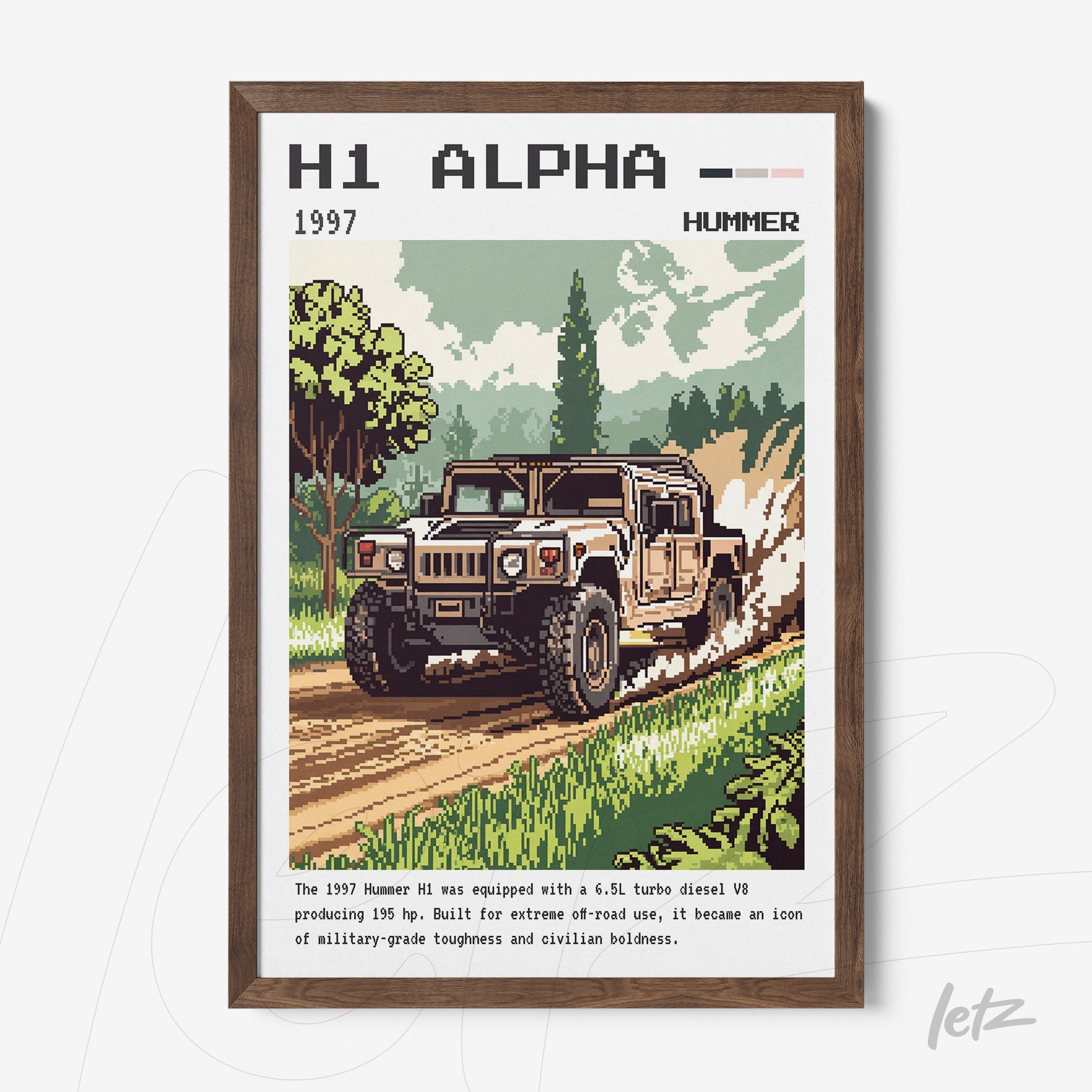 quadro com arte pixelada de um Hummer H1 1997 em uma paisagem rural, moldura de madeira escura