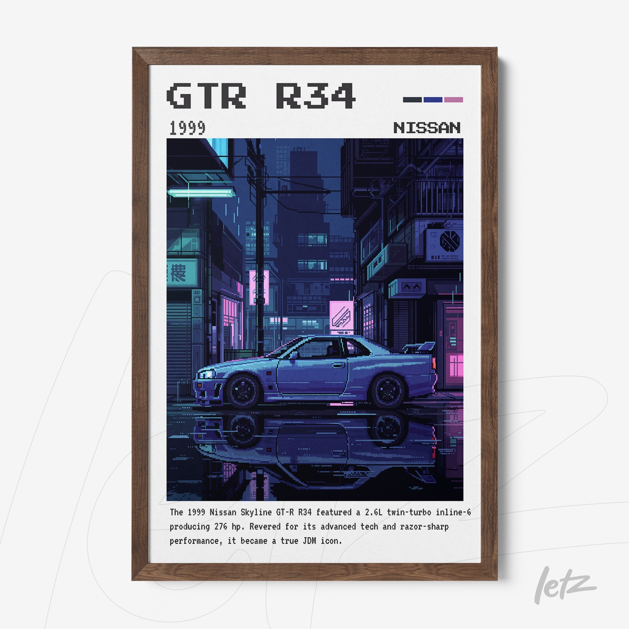 quadro com arte digital do carro Nissan GTR R34 em estilo pixel art, moldura marrom clara e fundo urbano neon