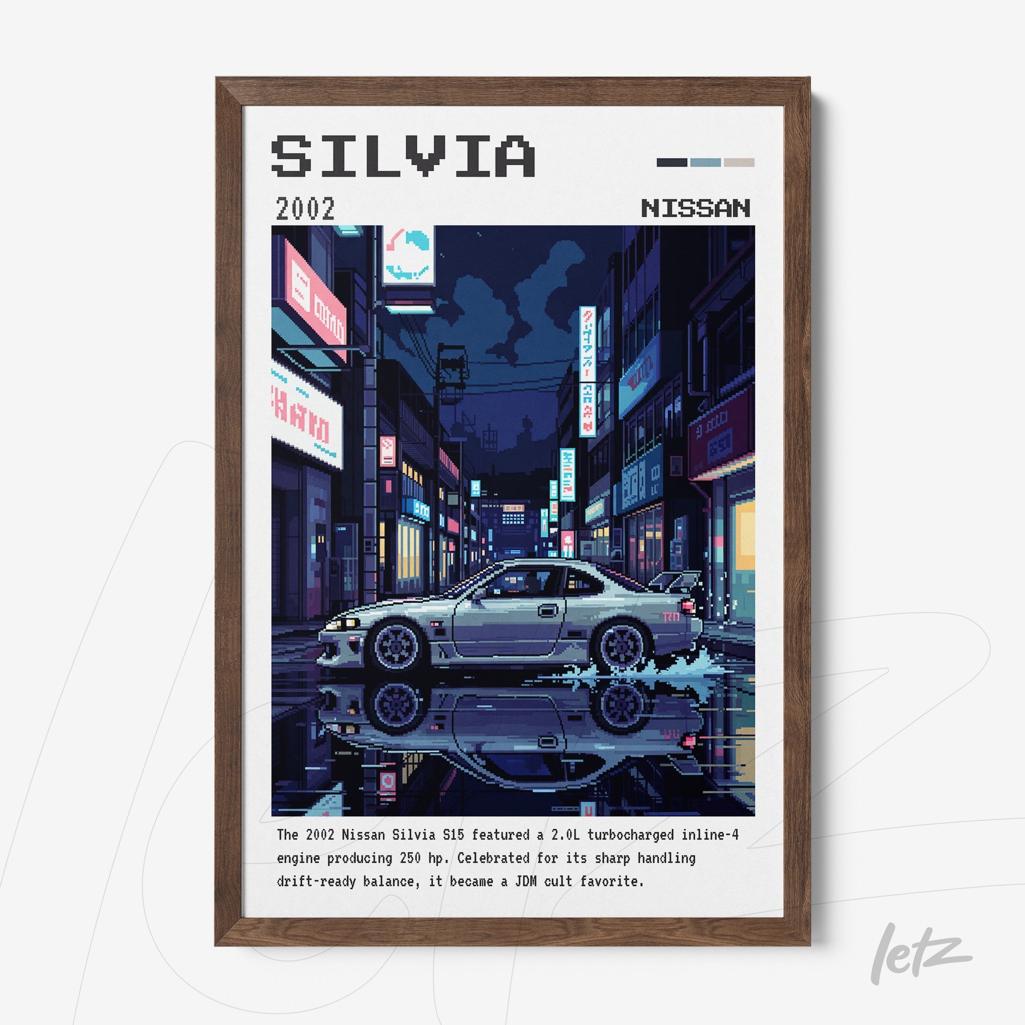 quadro com arte digital do Nissan Silvia S15 em um cenário urbano à noite, moldura de madeira escura