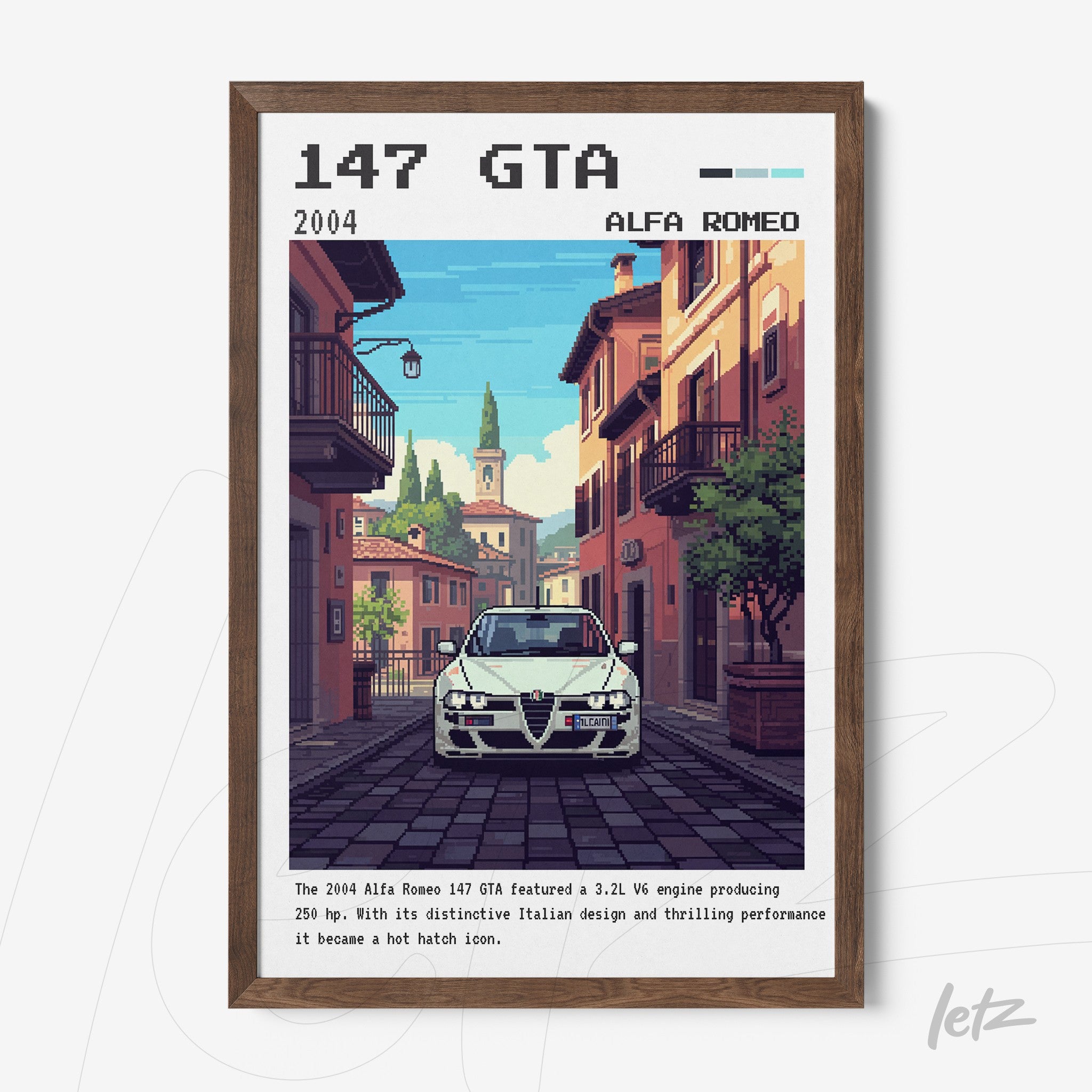 quadro com arte retro de um carro Alfa Romeo 147 GTA em ambiente urbano nostálgico com moldura de madeira escura