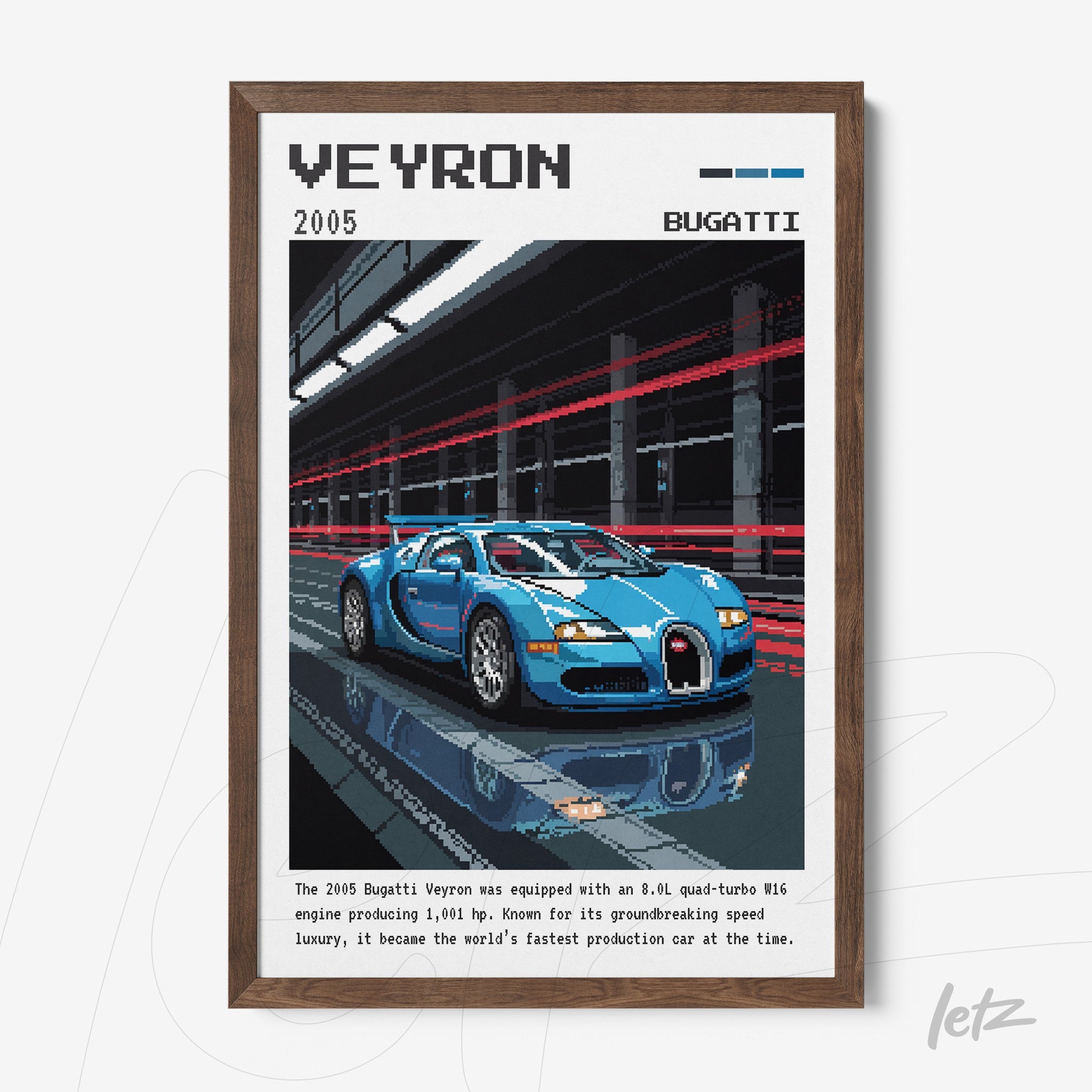 quadro com ilustração pixelada de um Bugatti Veyron azul em fundo moderno com detalhes em movimento