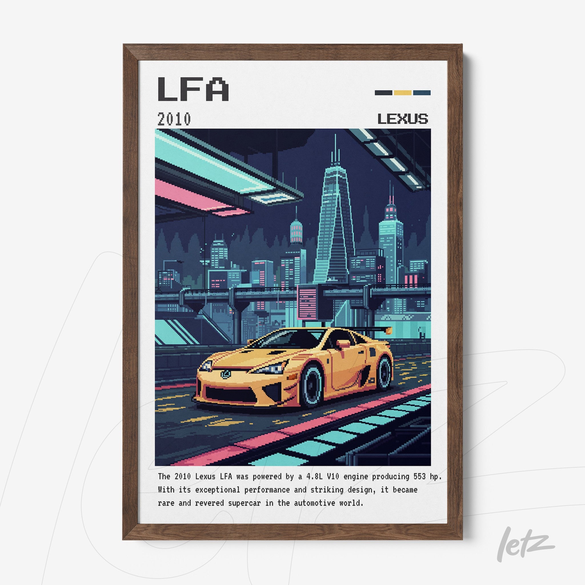 quadro com arte digital de um carro esportivo Lexus LFA em moldura marrom