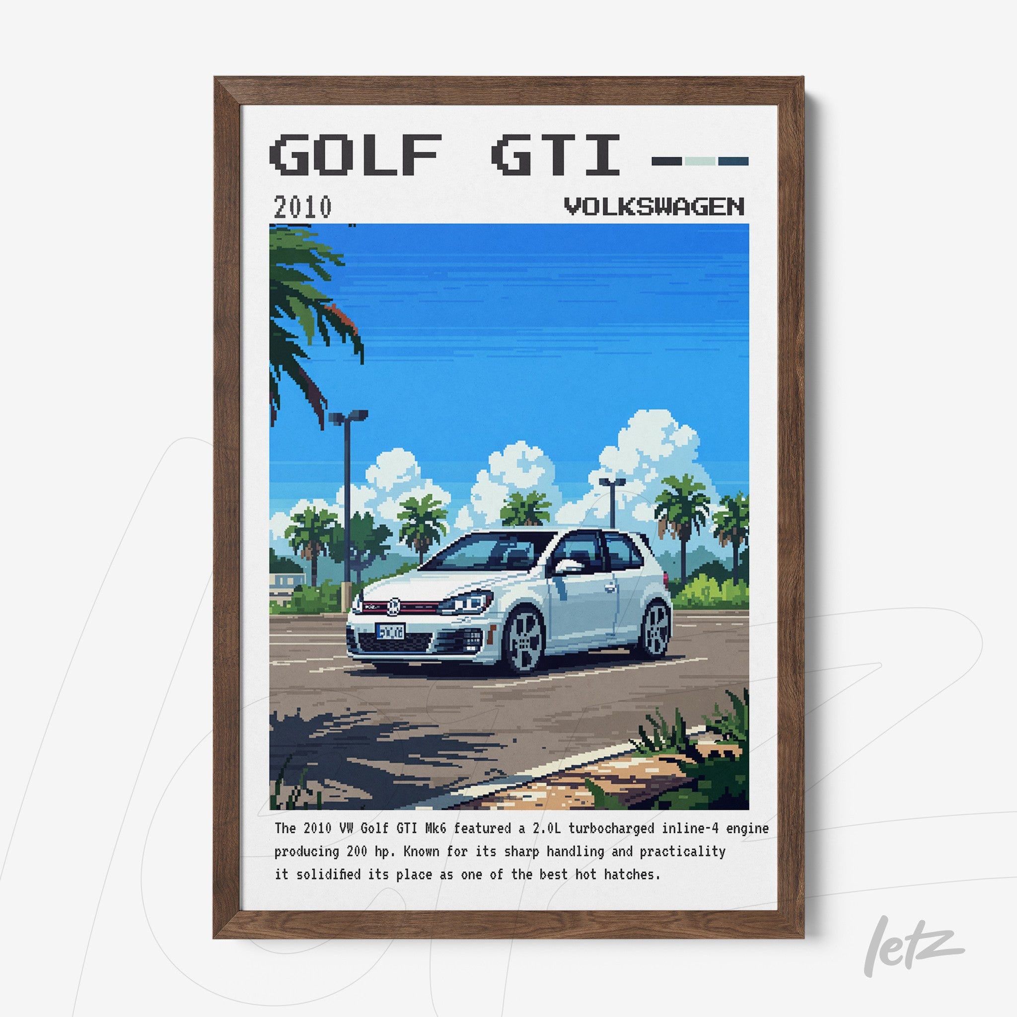 quadro digital com ilustração pixelada de um carro Volkswagen Golf GTI 2010 em moldura de madeira escura