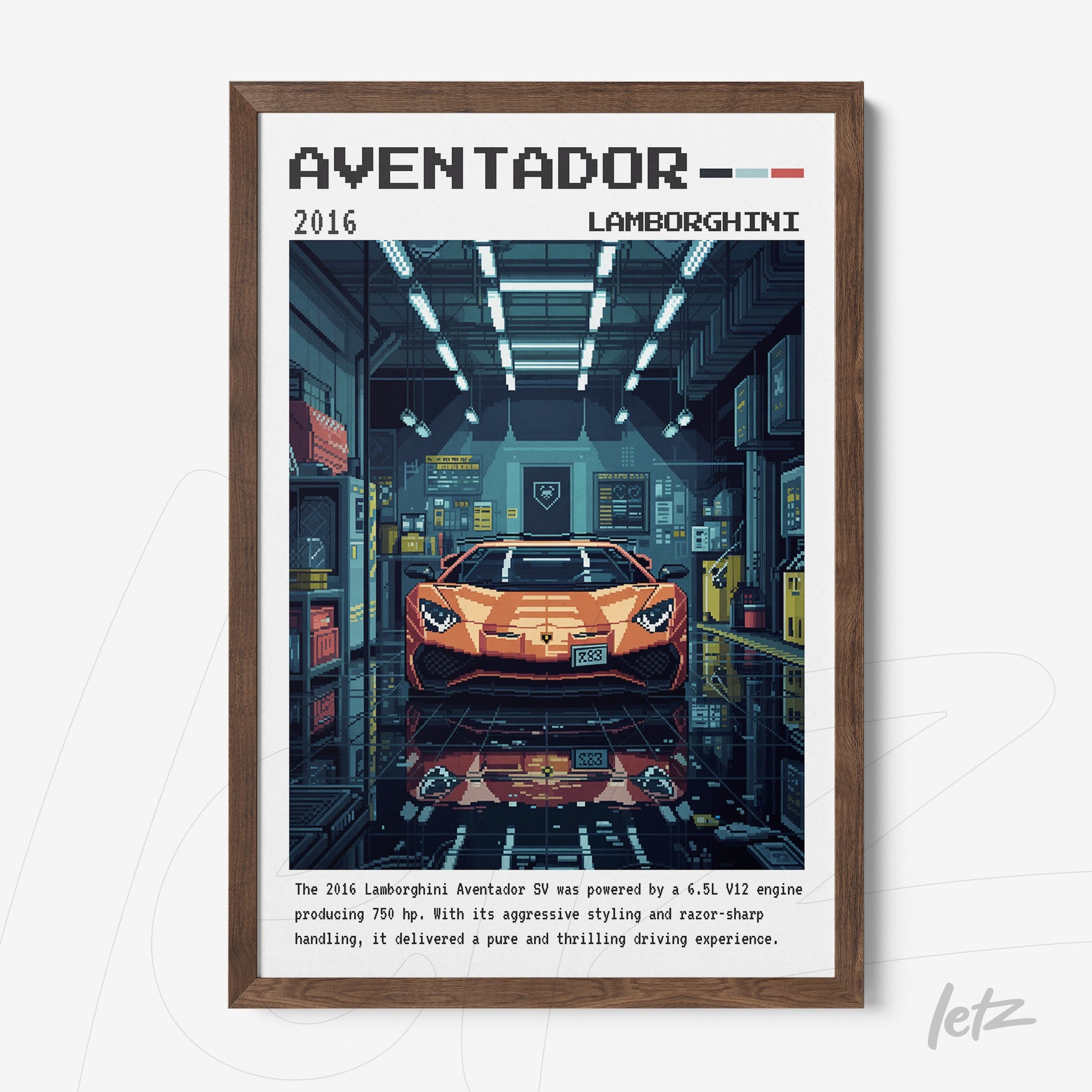 quadro com arte digital do Lamborghini Aventador 2016 em moldura de madeira escura com fundo de garagem automobilística