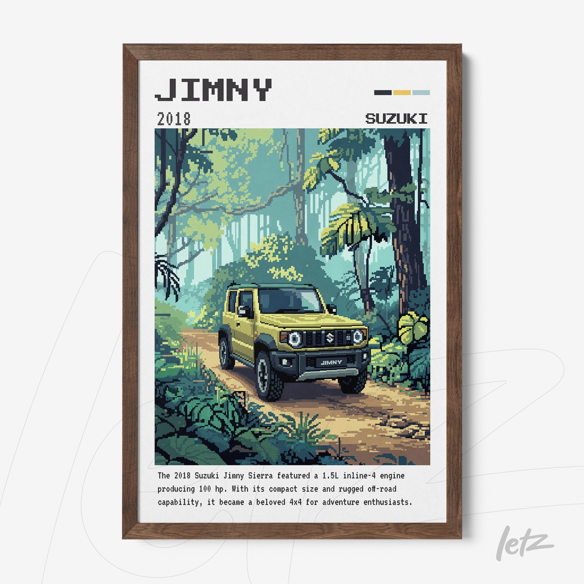 quadro com arte pixelada de um carro Suzuki Jimny amarelo em meio a uma floresta, com moldura de madeira escura