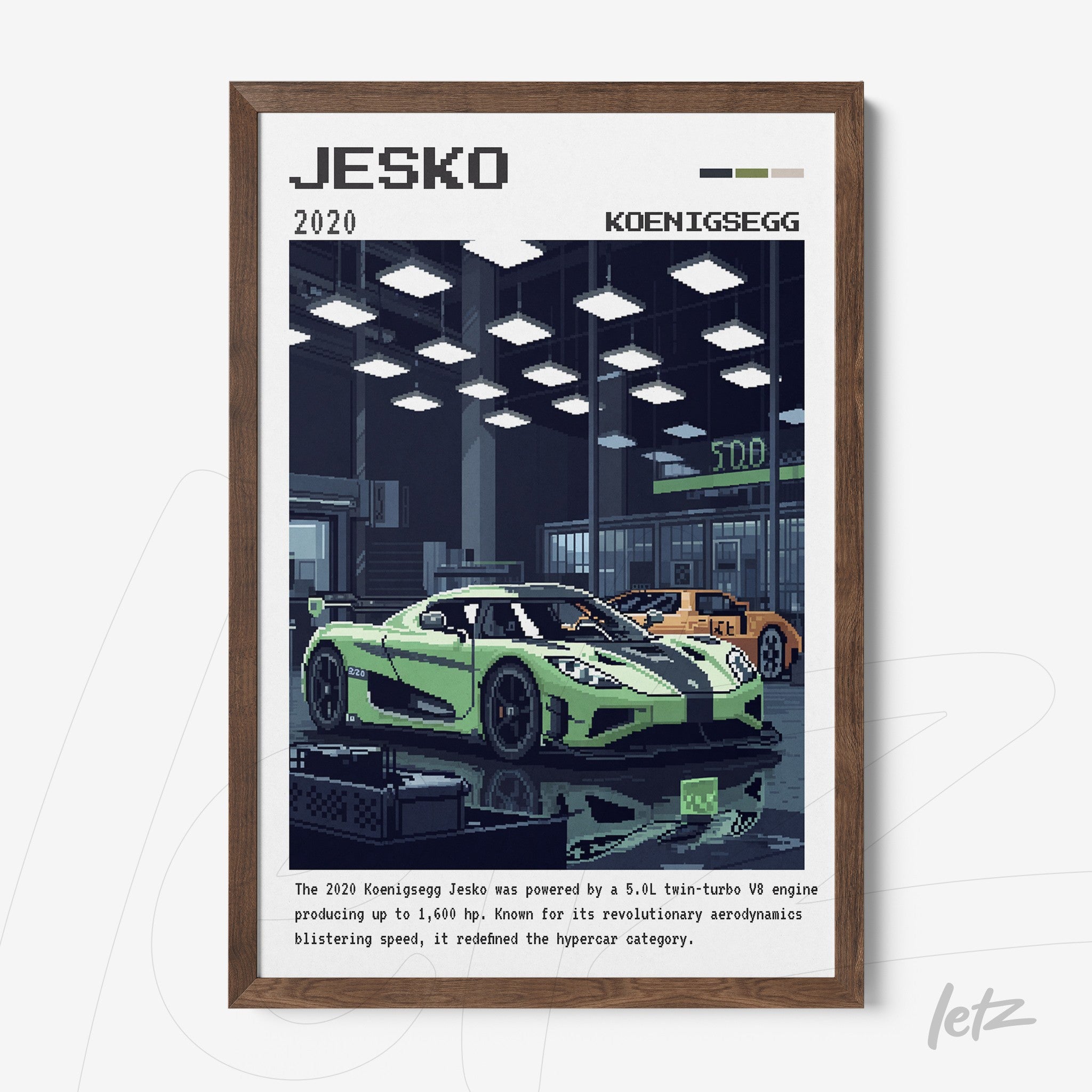 quadro com arte em estilo pixelado de um carro Koenigsegg Jesko, exposto em um ambiente moderno e escuro, com moldura de madeira marrom