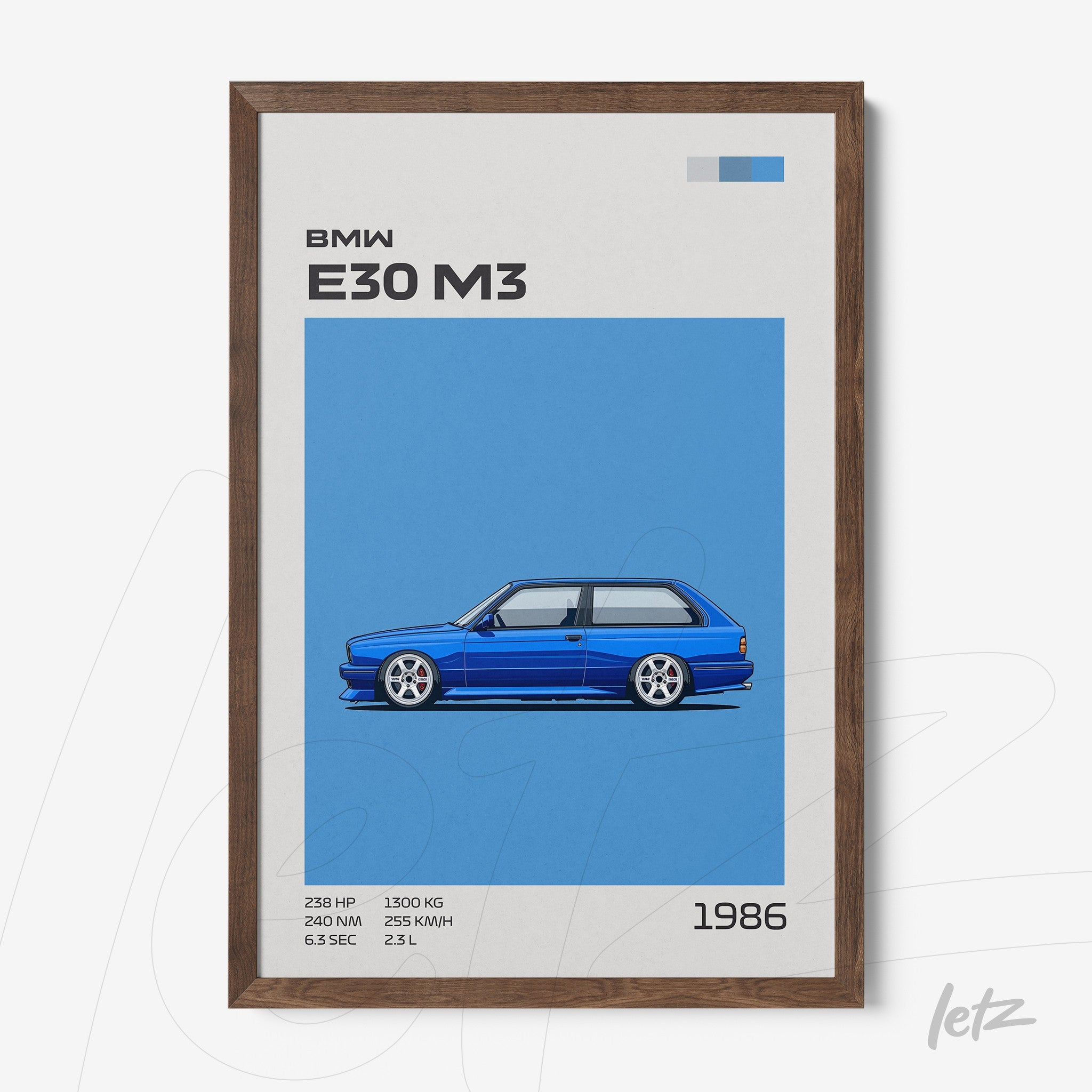 quadro com ilustração do carro BMW E30 M3 em fundo azul e moldura de madeira escura