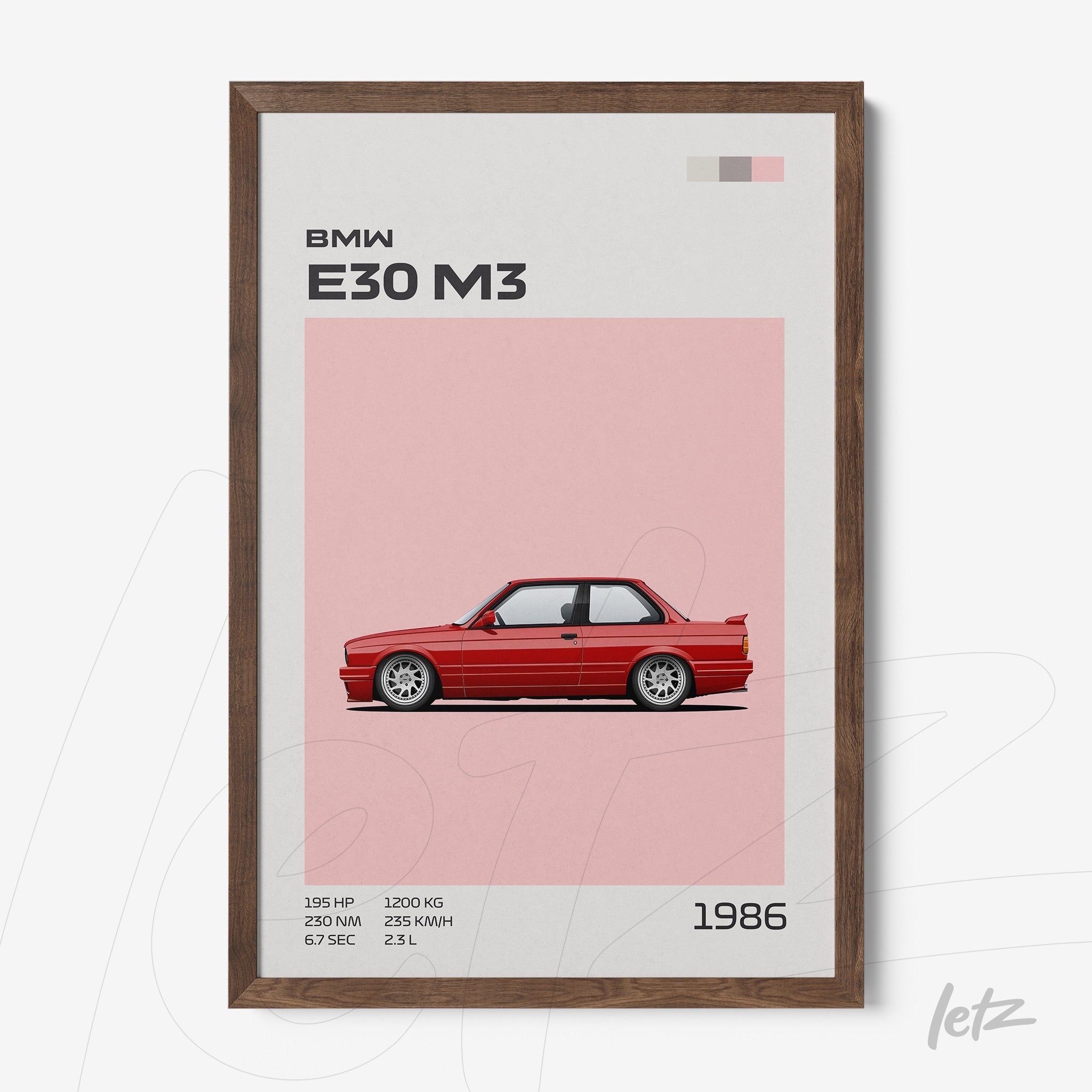 quadro com ilustração estilizada do carro BMW E30 M3 em fundo rosa e moldura de madeira escura