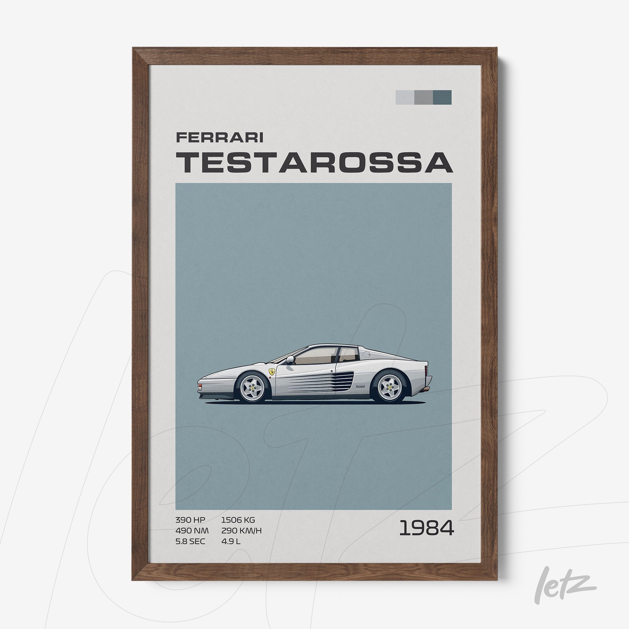 quadro com ilustração retrô do carro Ferrari Testarossa em moldura de madeira escura