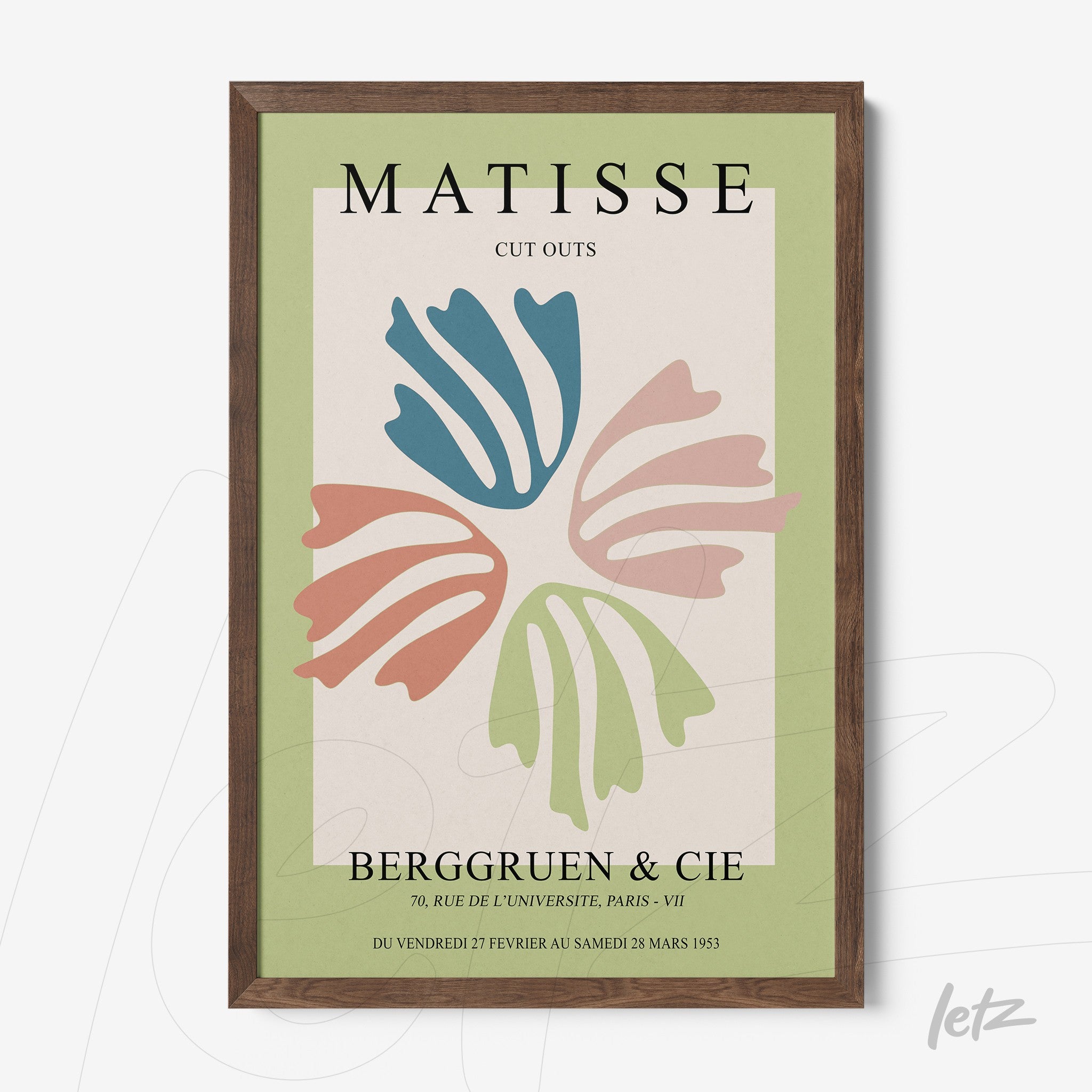 quadro com arte moderna inspirada em Matisse, apresentando formas orgânicas em cores suaves sobre fundo verde, moldura de madeira escura