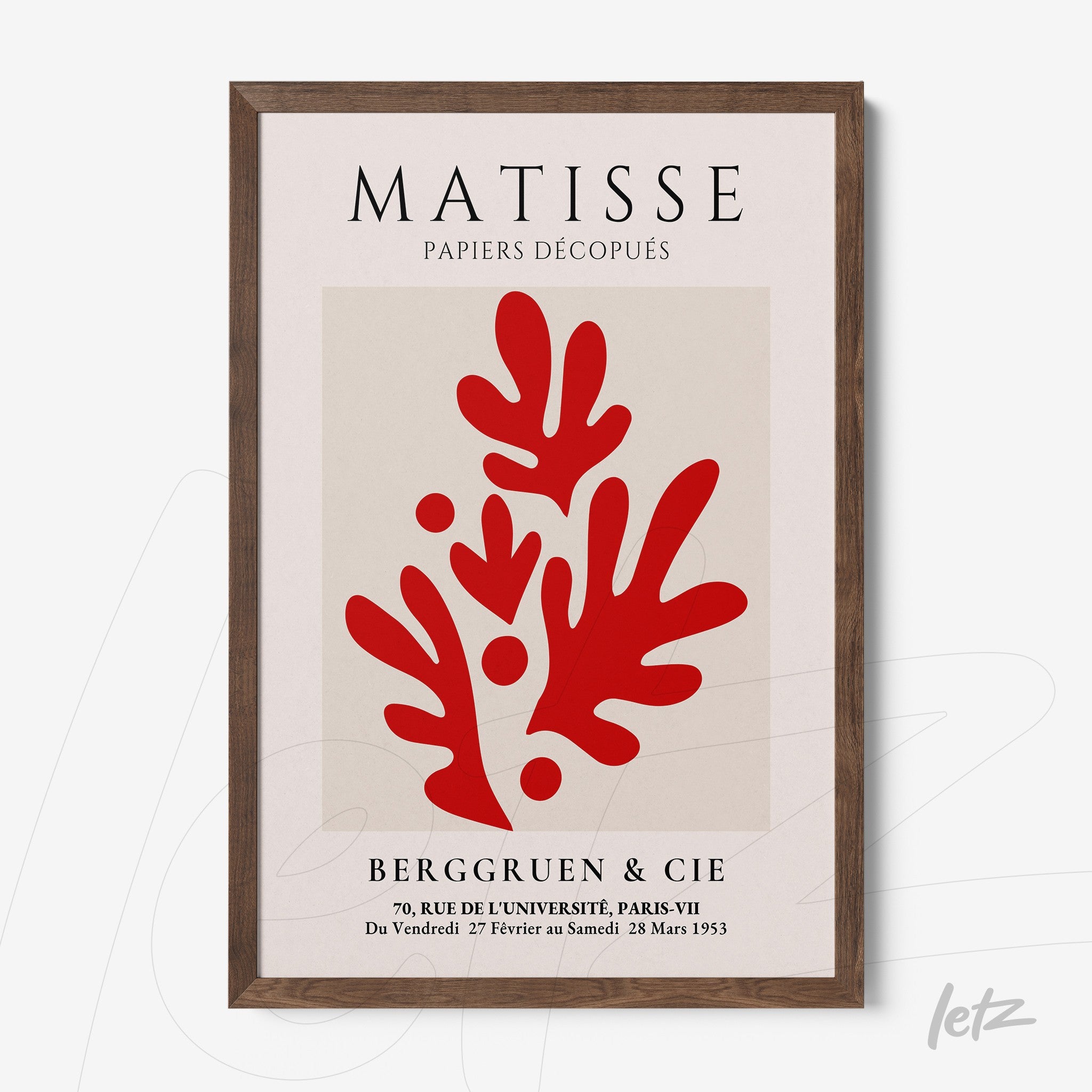quadro com arte de Matisse, apresentando formas abstratas vermelhas em um fundo claro, com moldura de madeira escura