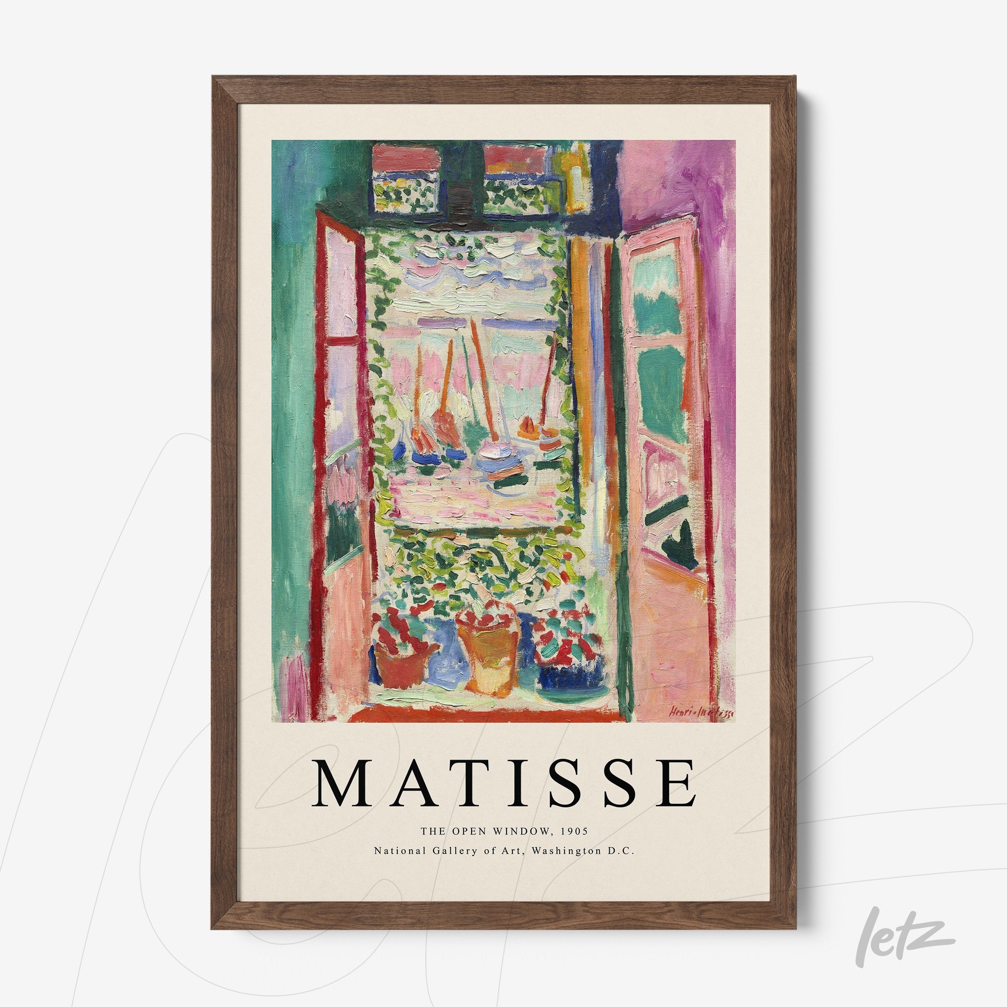 quadro com arte de Henri Matisse representando uma janela aberta, moldura de madeira escura