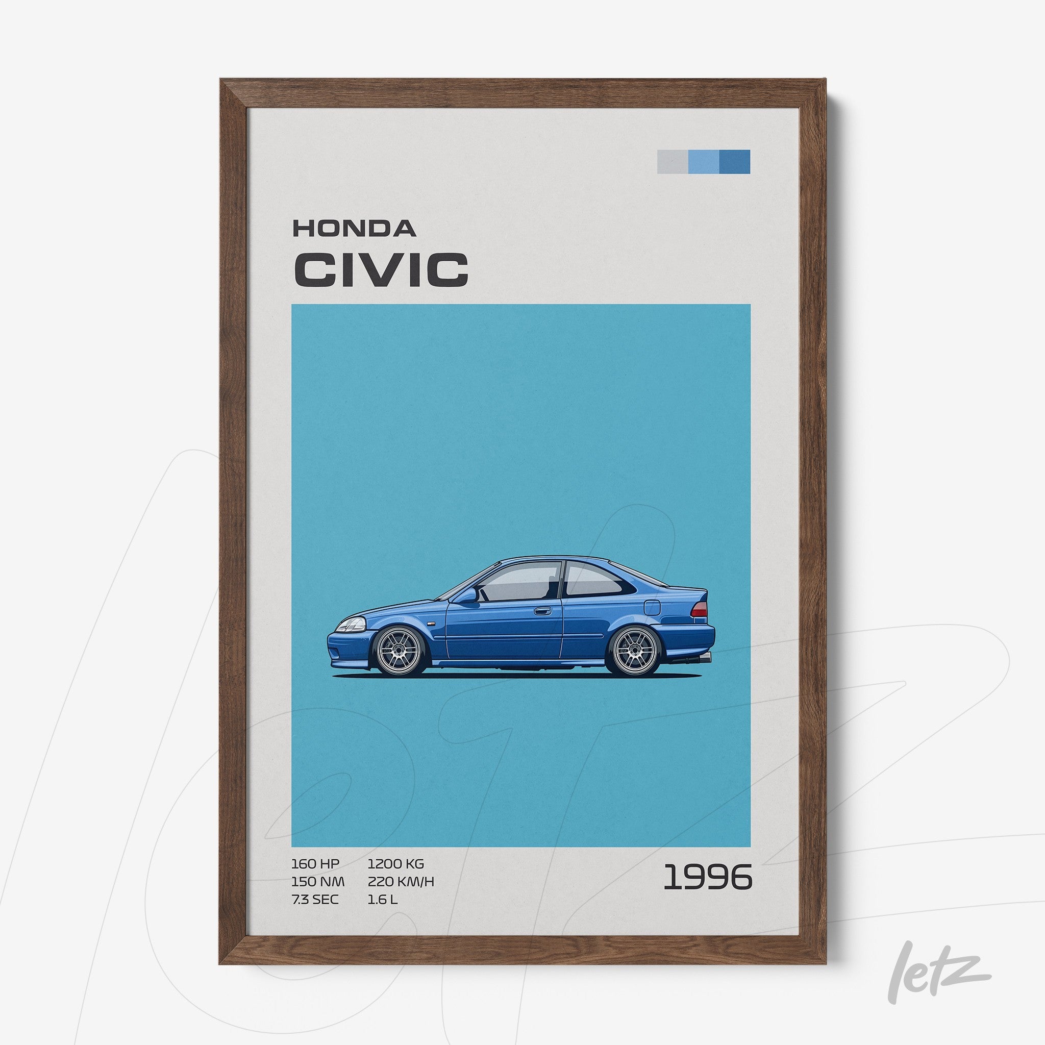 quadro decorativo com ilustração do carro Honda Civic de 1996 em moldura de madeira escura sobre fundo azul claro