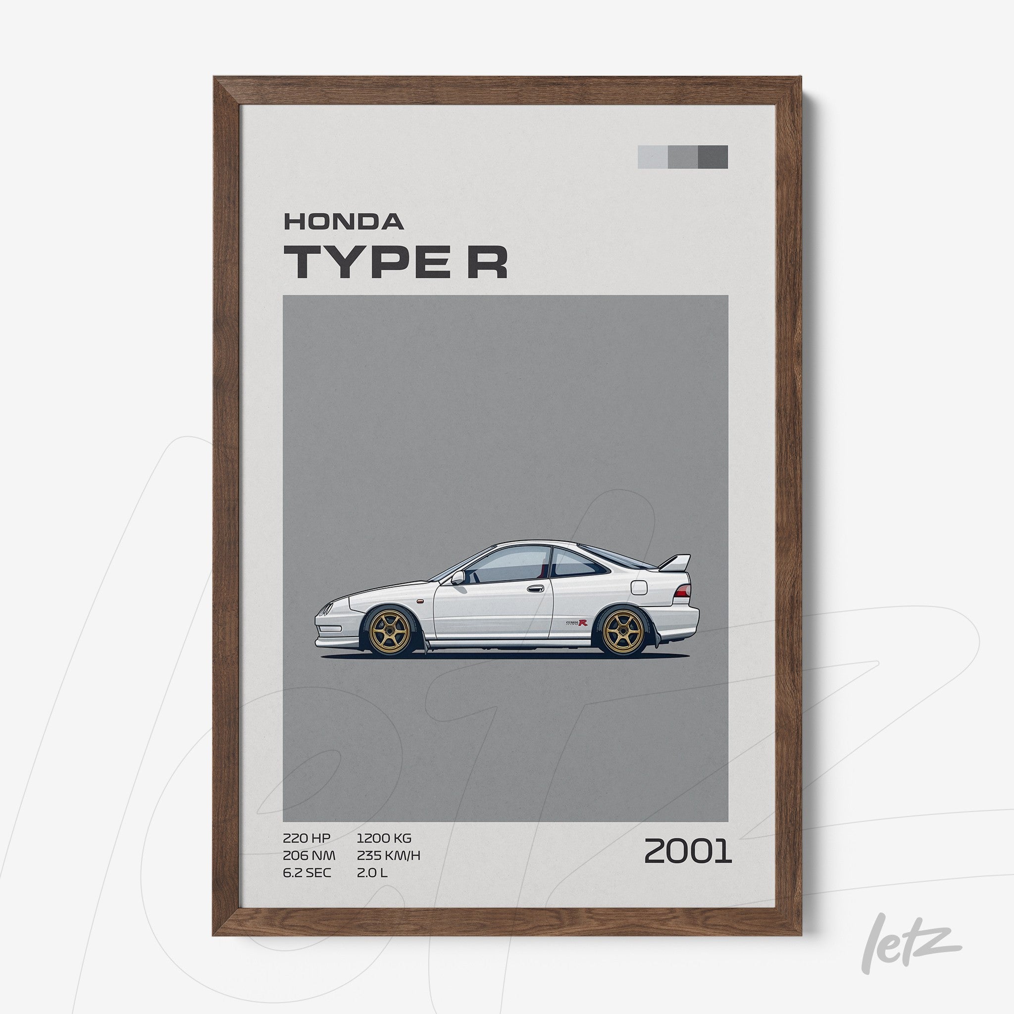 quadro com arte minimalista do carro Honda Type R em fundo cinza e moldura de madeira escura